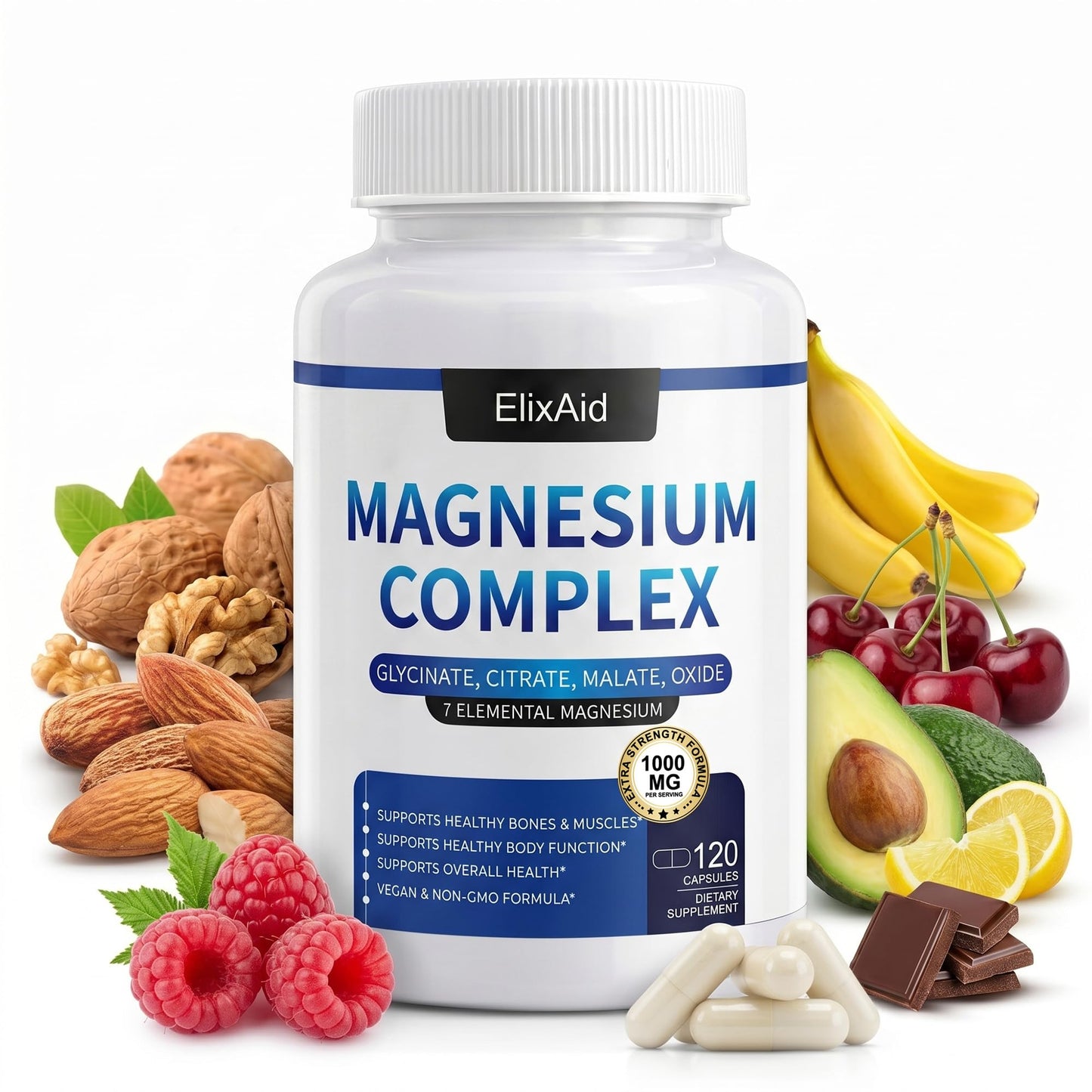 ElixAid Magnesium Complex 1000mg 7-in-1 (Glycinate, Citrate & Malate) Capsule, 120 Count
