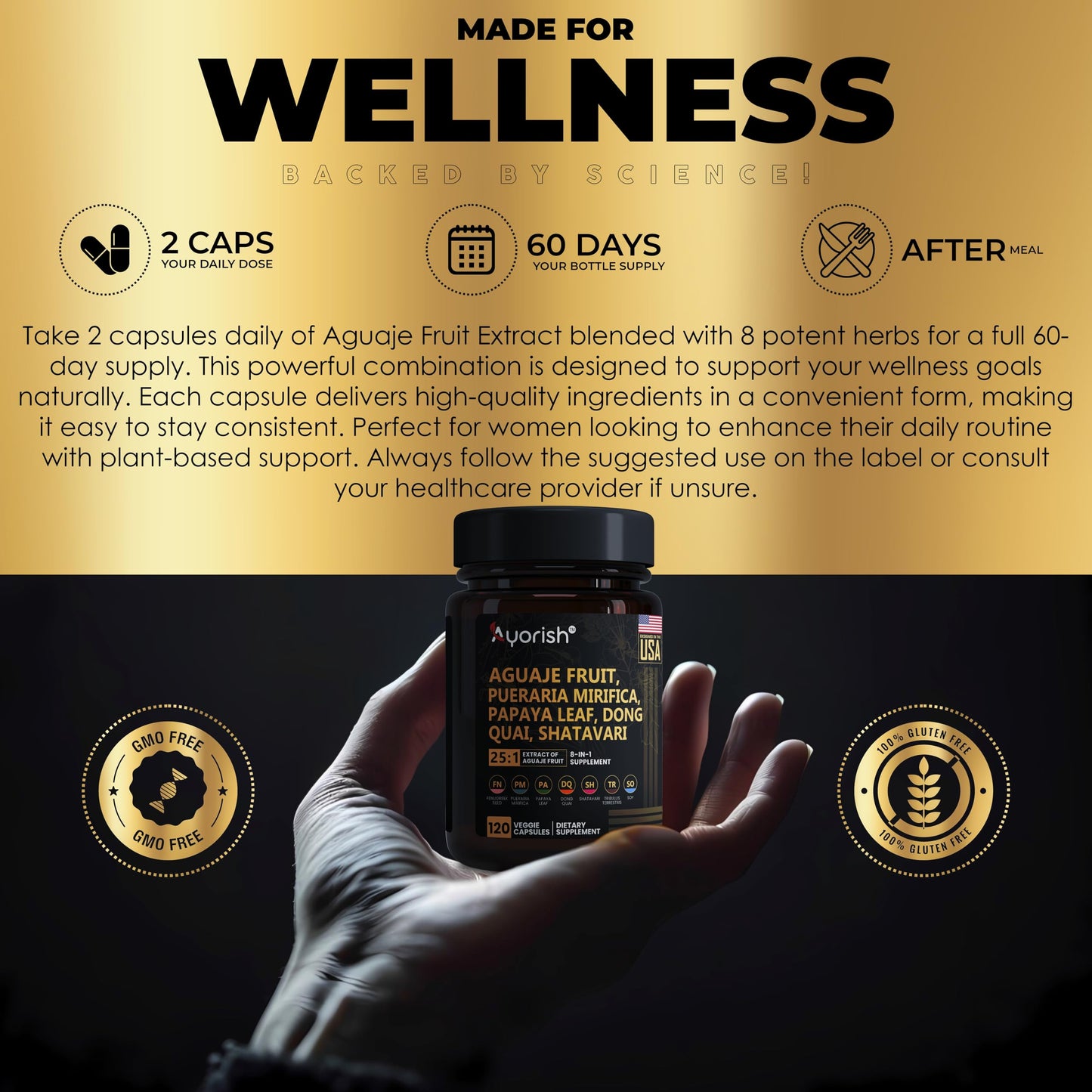 Ayorish Aguaje Fruit Supplement 1000mg 25:1 with Pueraria Mirifica, Papaya Leaf, Dong Quai, Shatavari, Wild Yam, Fenugreek Seed Capsules 120