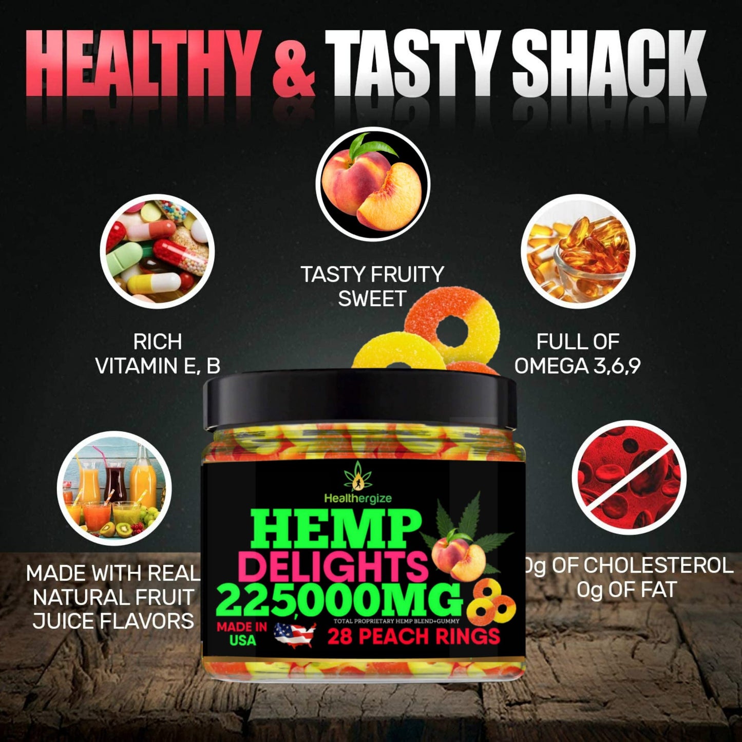 Healthergize Hemp Gummies for Deep Sleep Peach Rings Premium Hempseed Oil Gummy, 28 Count