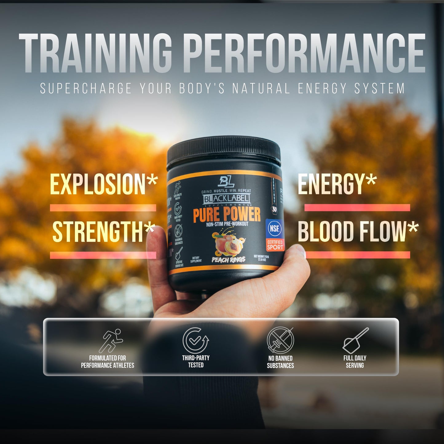 BLACKLABEL Supplements Pure Power NSF Certified for Sport Pre-Workout Powder (Peach Rings) 7.61