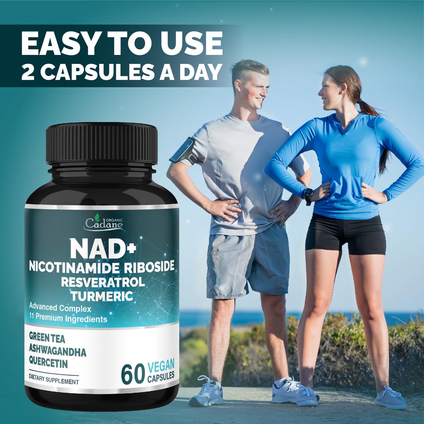 Organic Cadane 11-in-1 Nicotinamide Riboside Supplement with Trans-Resveratrol, Turmeric Curcumin & 8 More Capsules, 60 Count