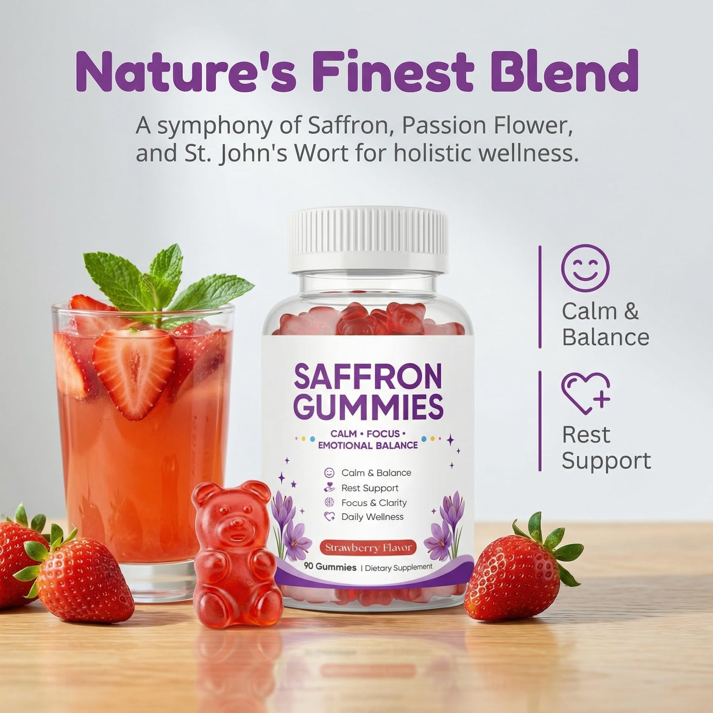 MKSUVGQ Saffron Mood & Calm Support with Passion Flower, St. John's Wort, GABA & Vitamin D2, Emotional Balance & Focus Formula, Strawberry Flavor 90 Gummies