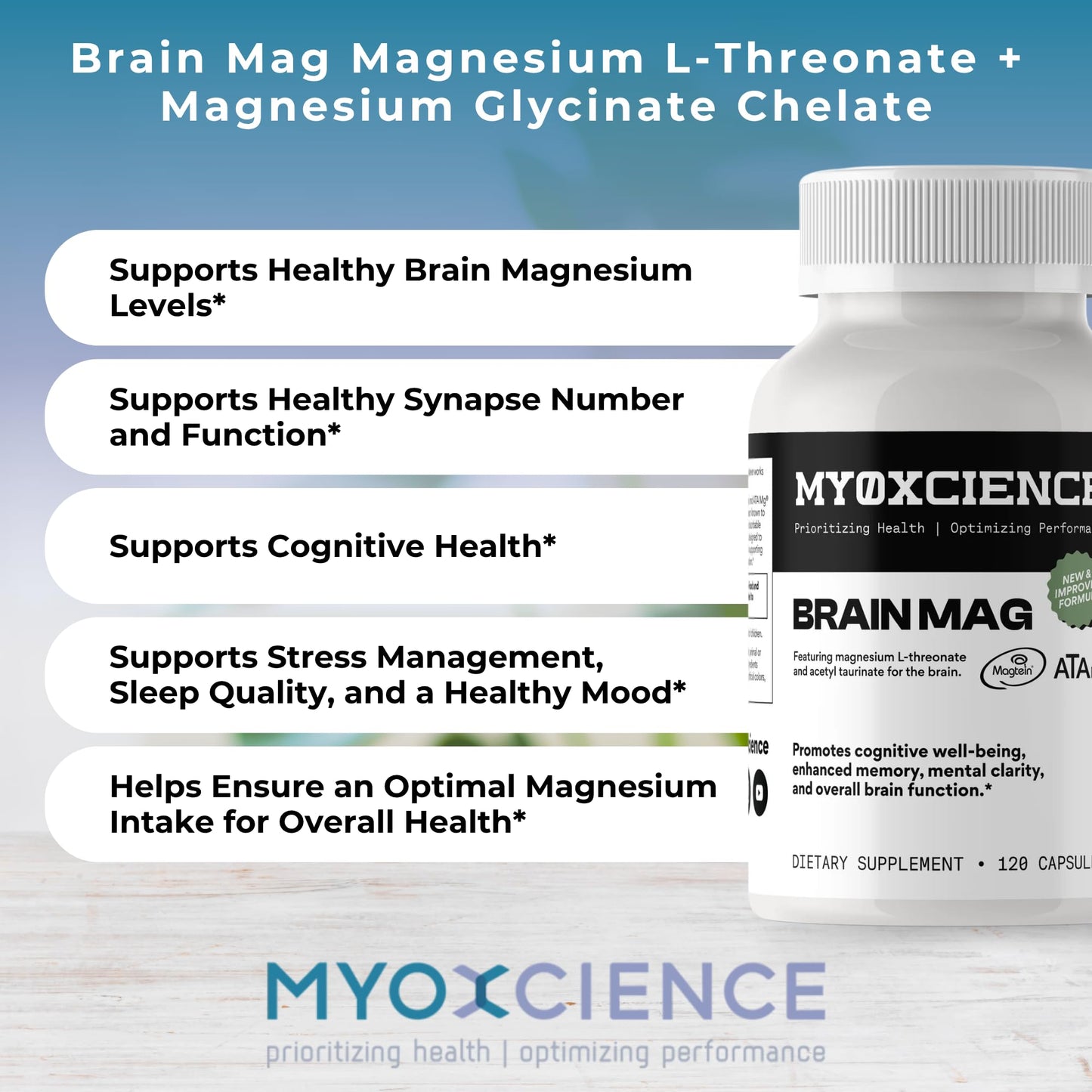 MYOXCIENCE Magnesium L-Threonate + Mag Acetyl-Taurate + Mag Glycinate, 120 Capsules