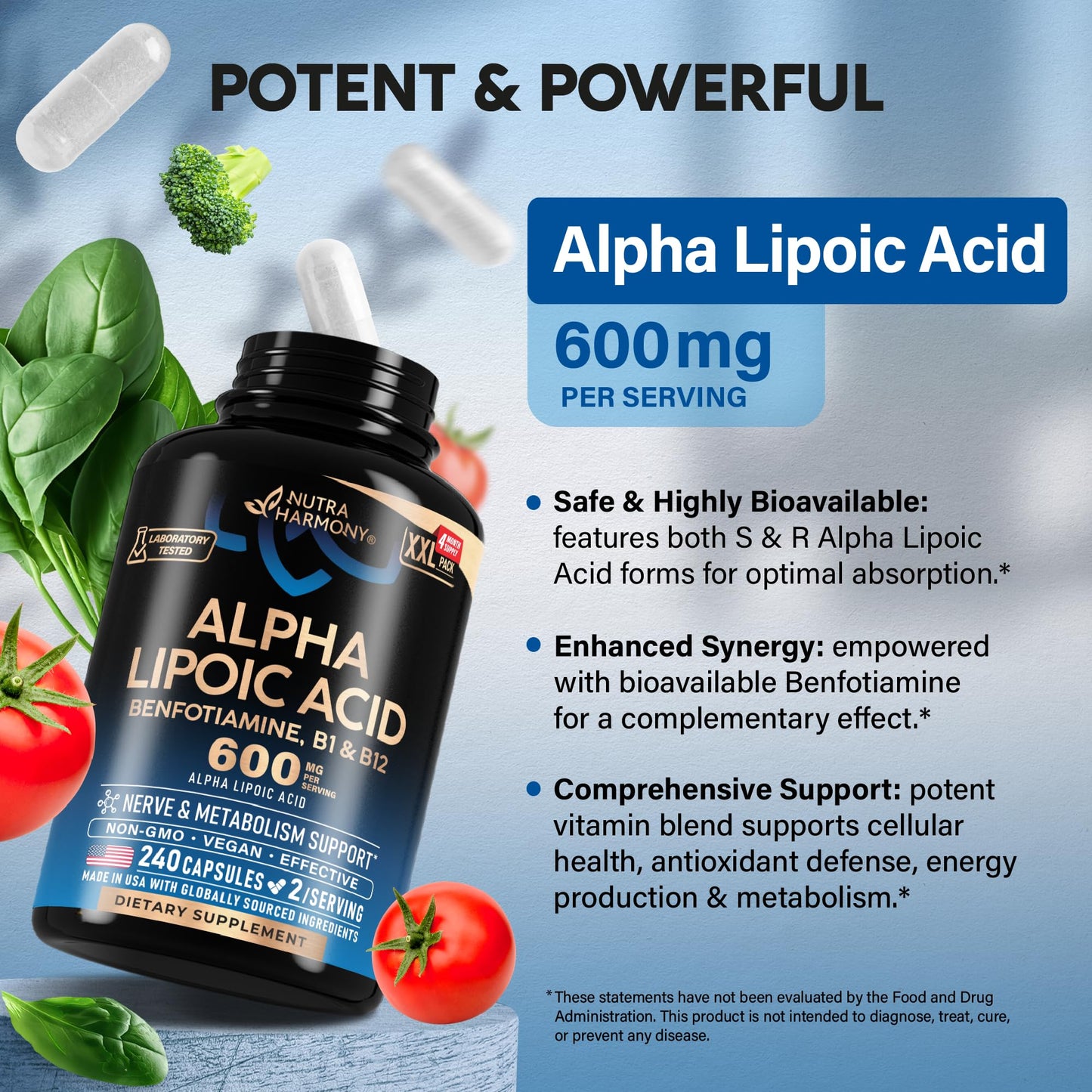 NUTRAHARMONY Alpha Lipoic Acid 600mg ALA Supplement, 240 Capsules