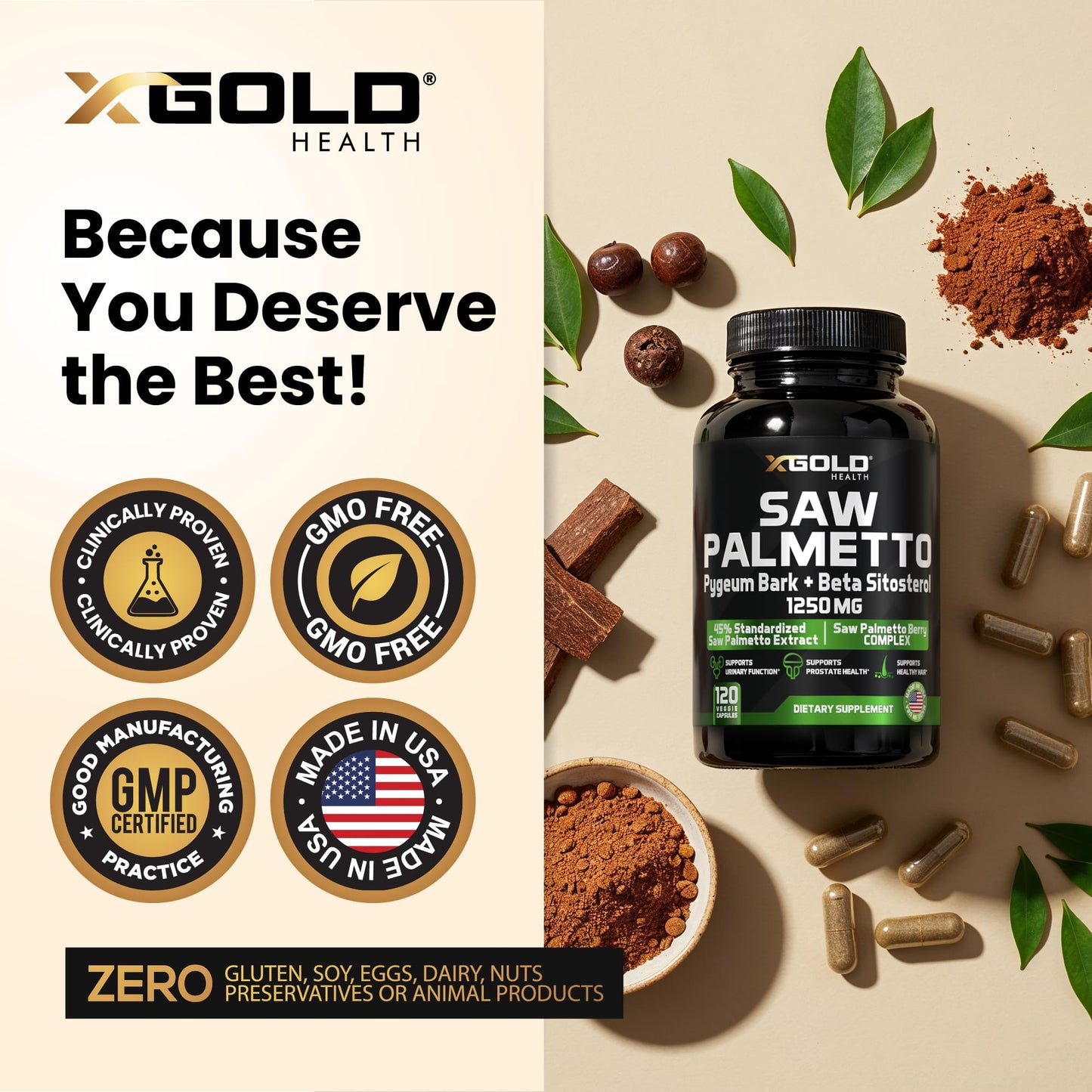 X Gold Health Saw Palmetto for Men 1250mg – Prostate Support with Beta Sitosterol & Pygeum Bark – Supports Urinary Flow & Bladder Control – DHT Blocker for Hair Loss 120 Capsules