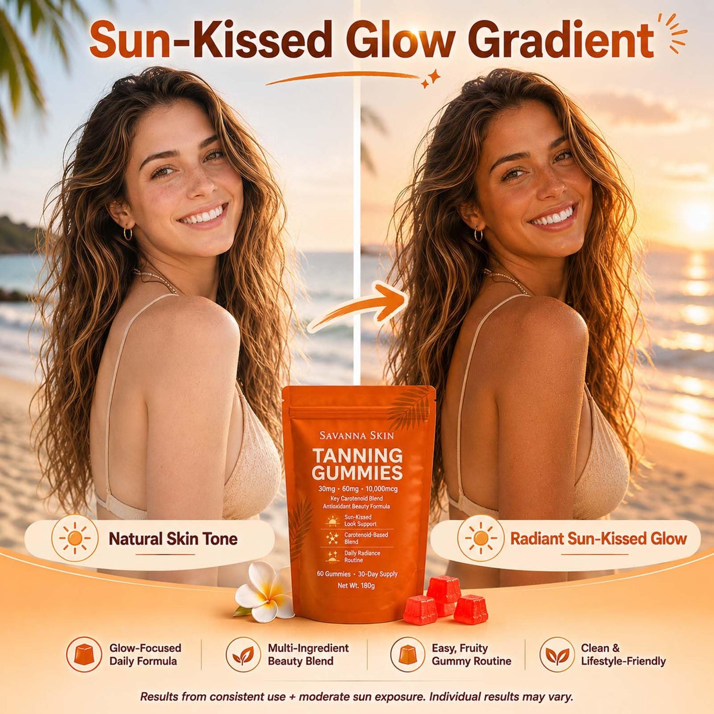 Savanna Skin Tanning Gummies Astaxanthin & Beta-Carotene Tanning Formula, Gummy, 60 Count