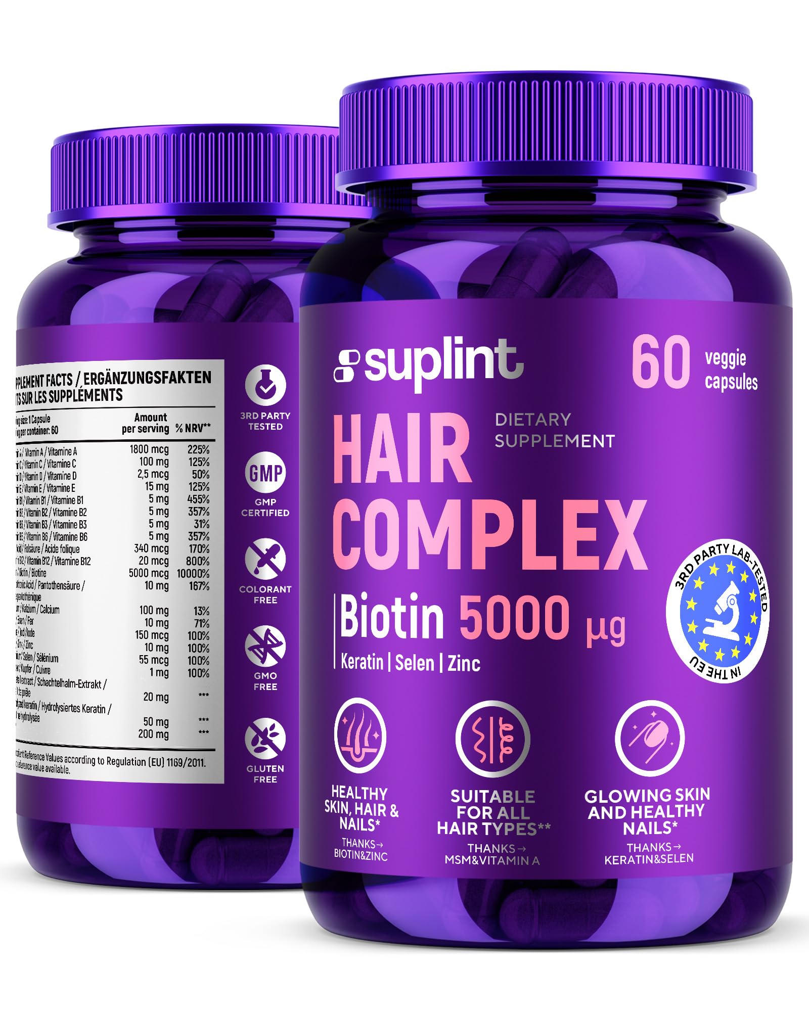 SUPLINT Hair Vitamin Complex with Biotin 5000mcg, Keratin, Selenium & Zinc 60 Capsules