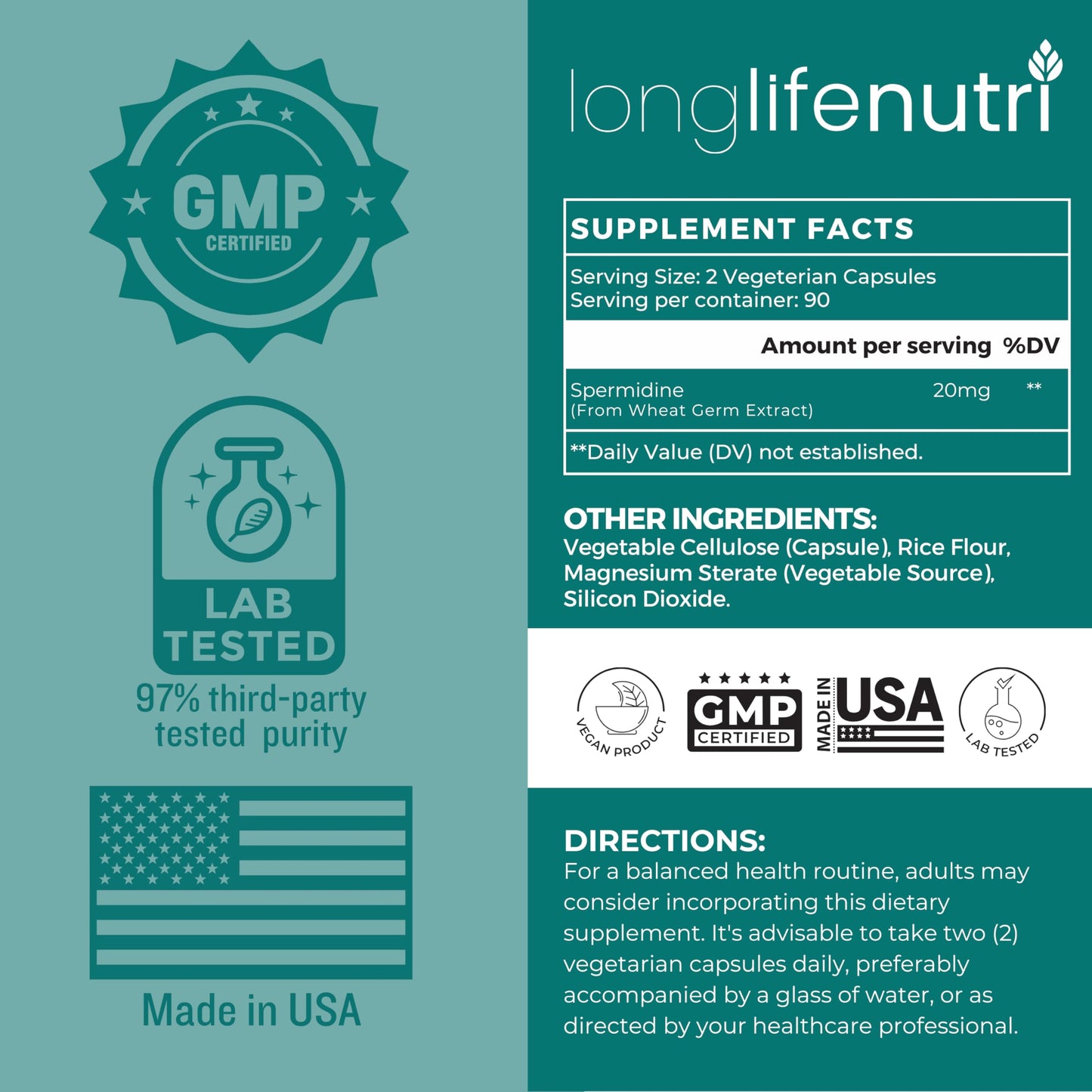 LongLifeNutri Spermidine 20mg Capsules, 180 Count
