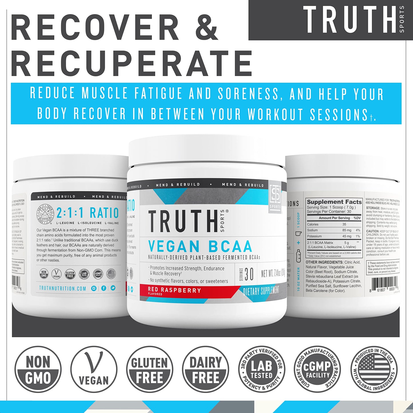 Truth Nutrition Vegan BCAA Powder 2:1:1 Ratio Natural BCAAs Amino Acids 7.7 Ounce