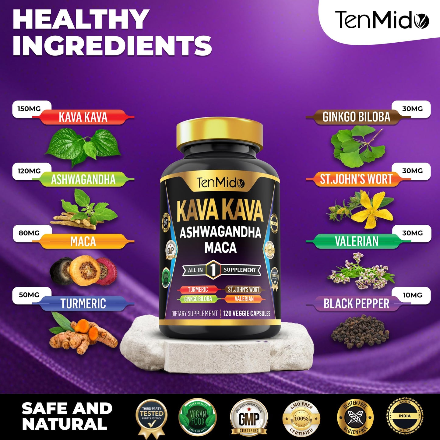 Tenmido Kava Kava Root Supplement Capsules 120 Count