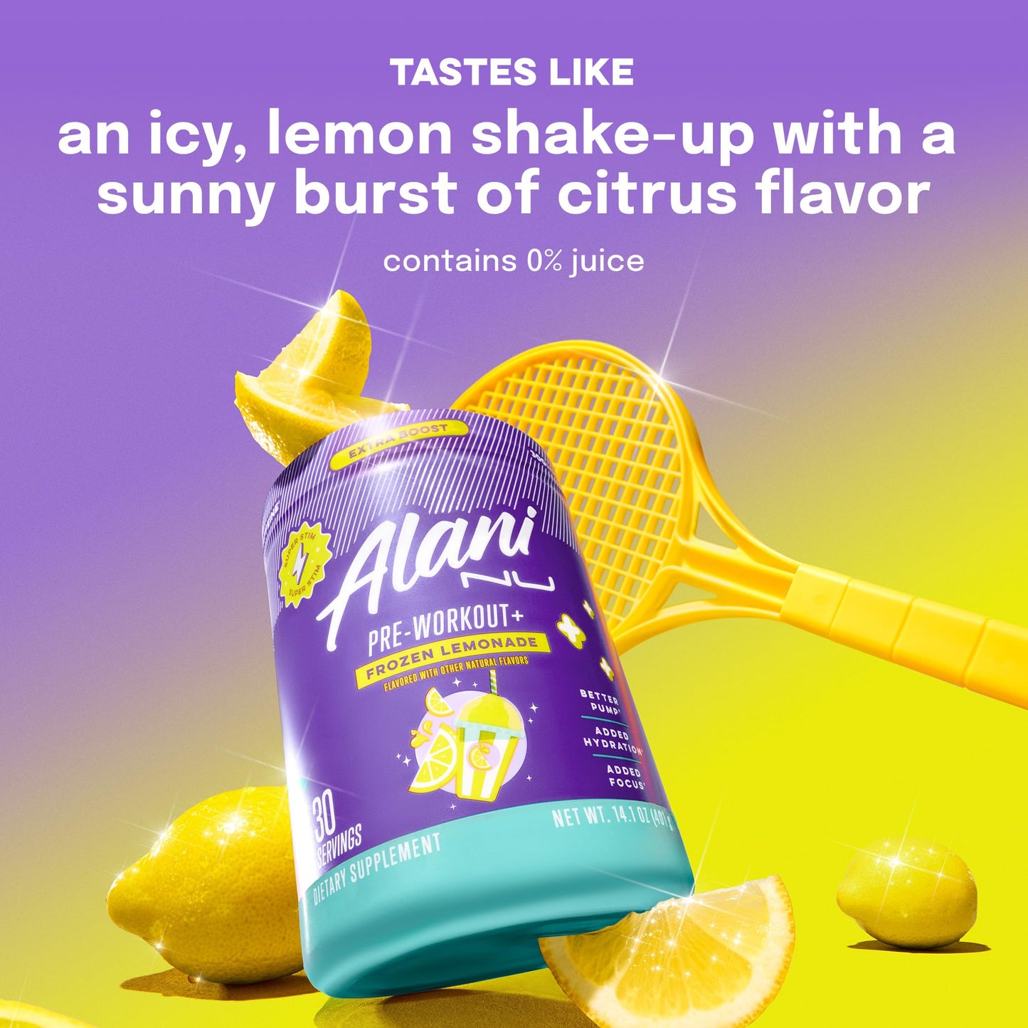 Alani Nu Pre Workout+ Powder Frozen Lemonade Extra Boost Sugar Free 300mg Caffeine L-Theanine Beta-Alanine Citrulline 13.8 oz