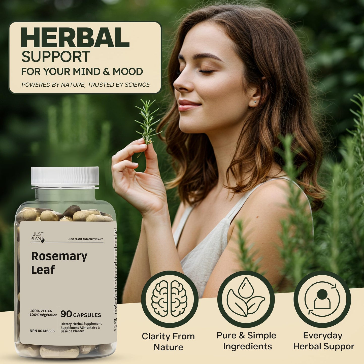 Just Plant Organic Rosemary Leaf Capsules 500mg, 90 Count