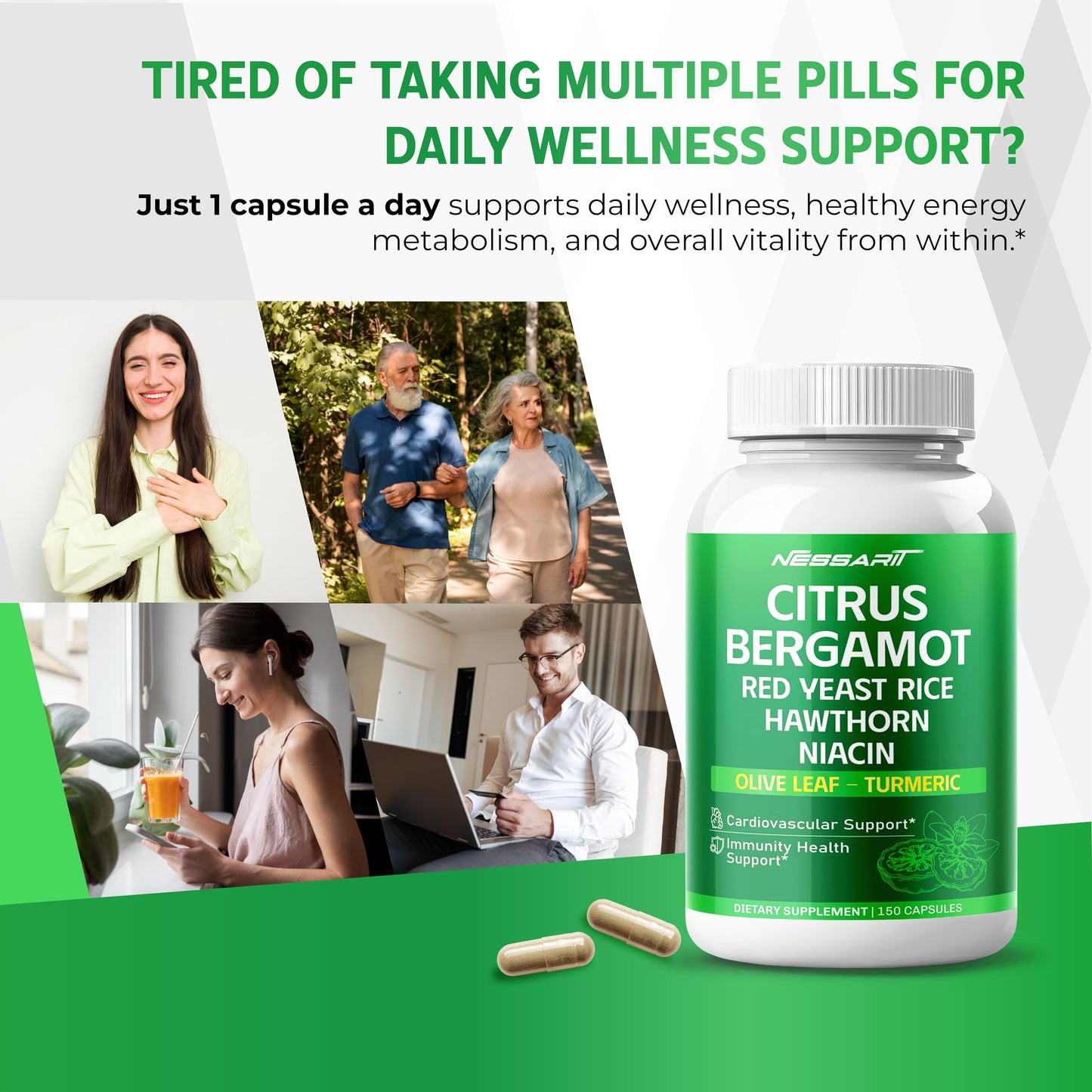 NESSARIT Citrus Bergamot Supplement - 15-in-1 Natural Blend with Red Yeast Rice Hawthorn Olive Leaf Odorless Garlic Turmeric Ginger Fenugreek Capsule 150 Count