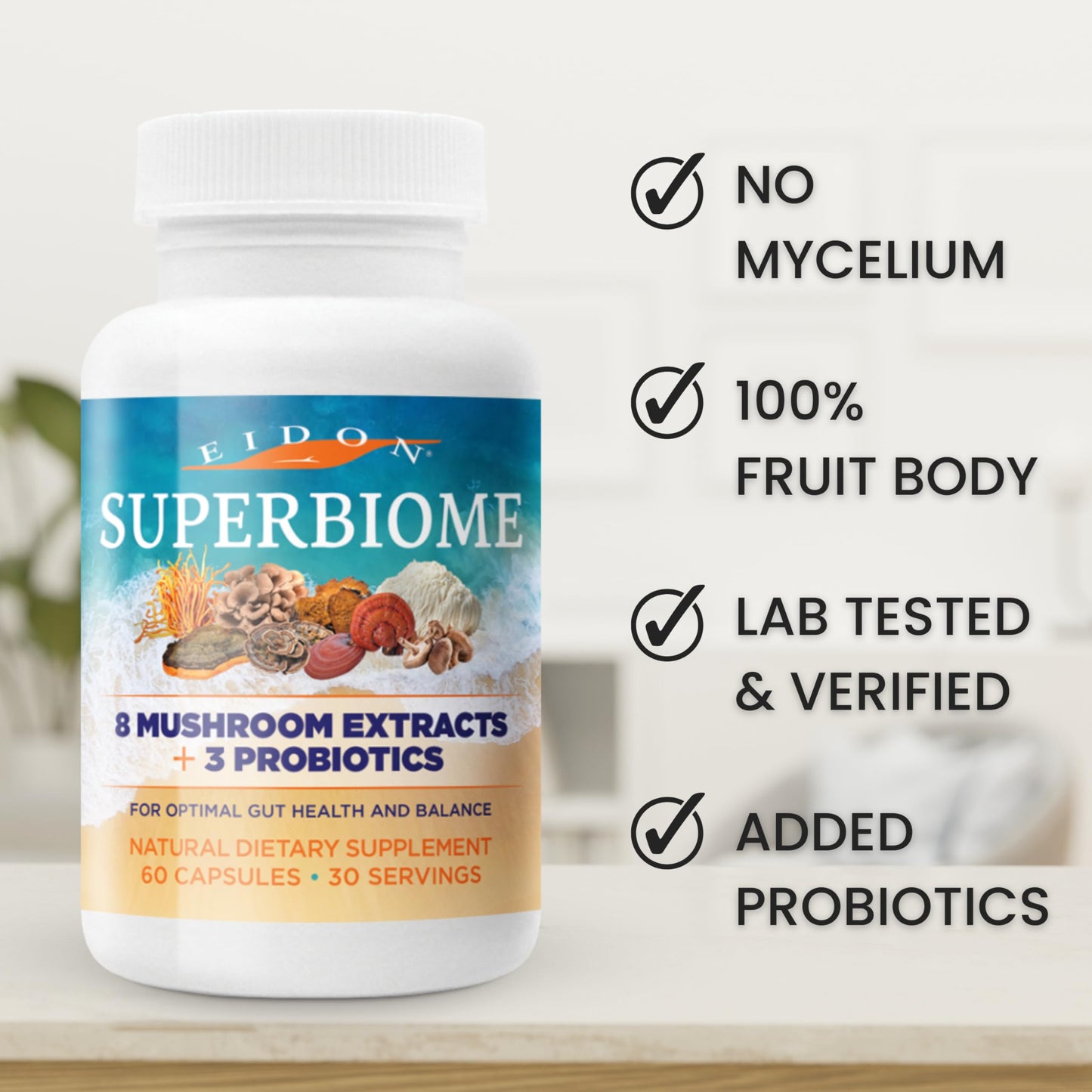 Eidon Ionic Minerals SuperBiome Mushroom Complex Capsules with Reishi Chaga Lions Mane Cordyceps Turkey Tail, 60 Capsules