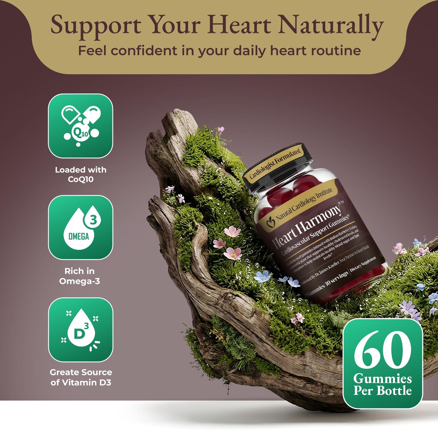 Natural Cardiology Institute Heart Harmony Berberine Supplement with Ceylon Cinnamon Gummies, 60 Count