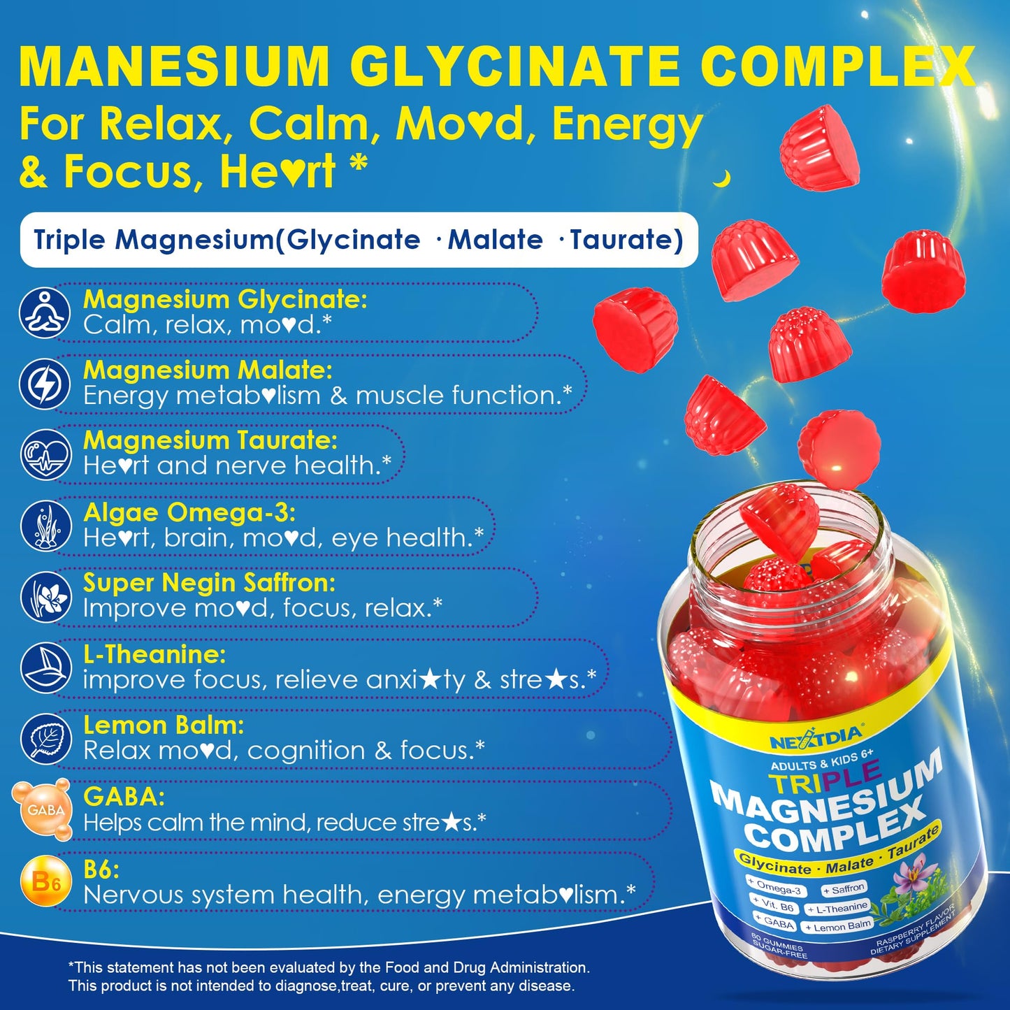 Nextdia Calm Focus Magnesium Glycinate Gummies, 60 Count