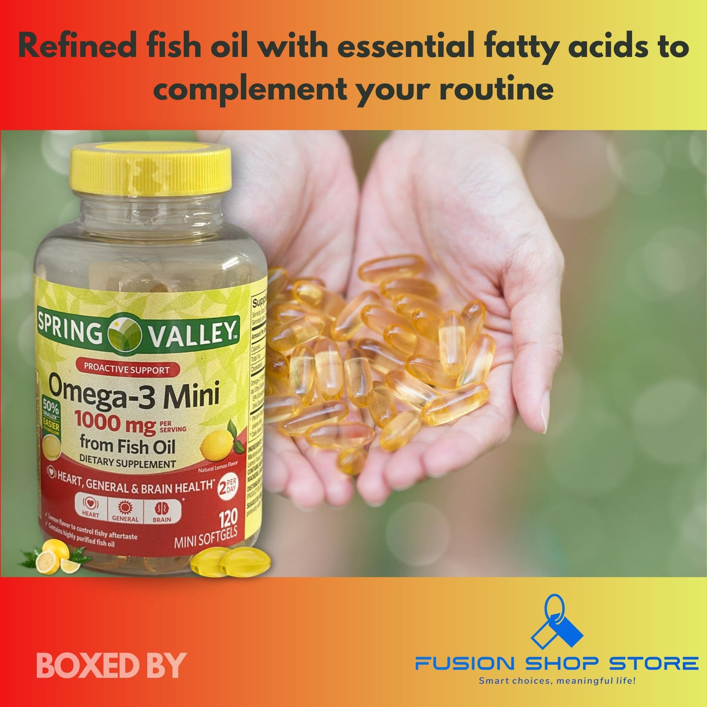 Fusion Shop Store Omega 3 Mini 1000mg Fish Oil Softgel, 120 Count