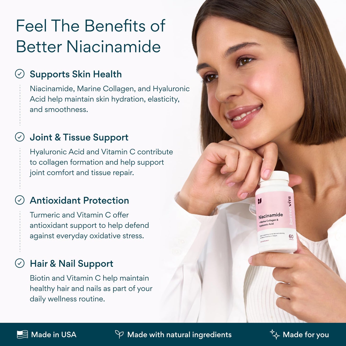 Bettervits Niacinamide Vitamin B3 Capsule 300 mg with Marine Collagen & Hyaluronic Acid, High-Strength B3 Capsules with Turmeric, 60 Capsules