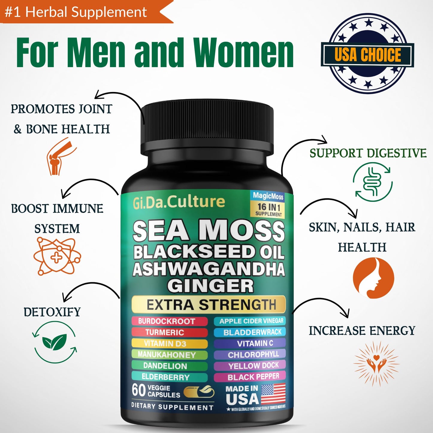 Gi.Da.Culture Organic Sea Moss Capsules - Organic Irish Sea Moss Black Seed Oil Ashwagandha Ginger Burdock Root Bladderwrack Turmeric Black Pepper Vitamin C, D3, 60 Veggie Capsules