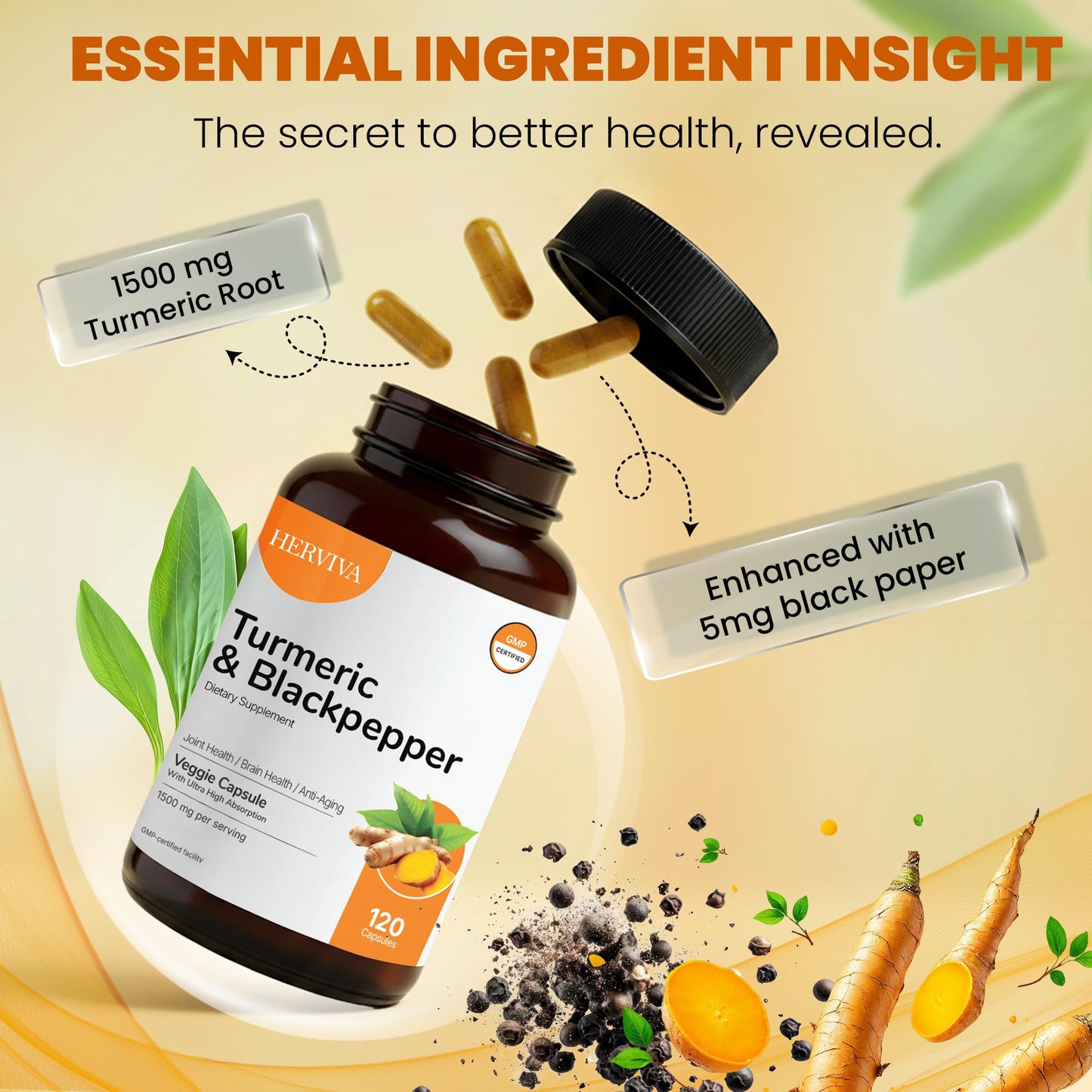HERVIVA Turmeric Curcumin 1500mg with Black Pepper 5mg Vegan Capsules, 120 Count