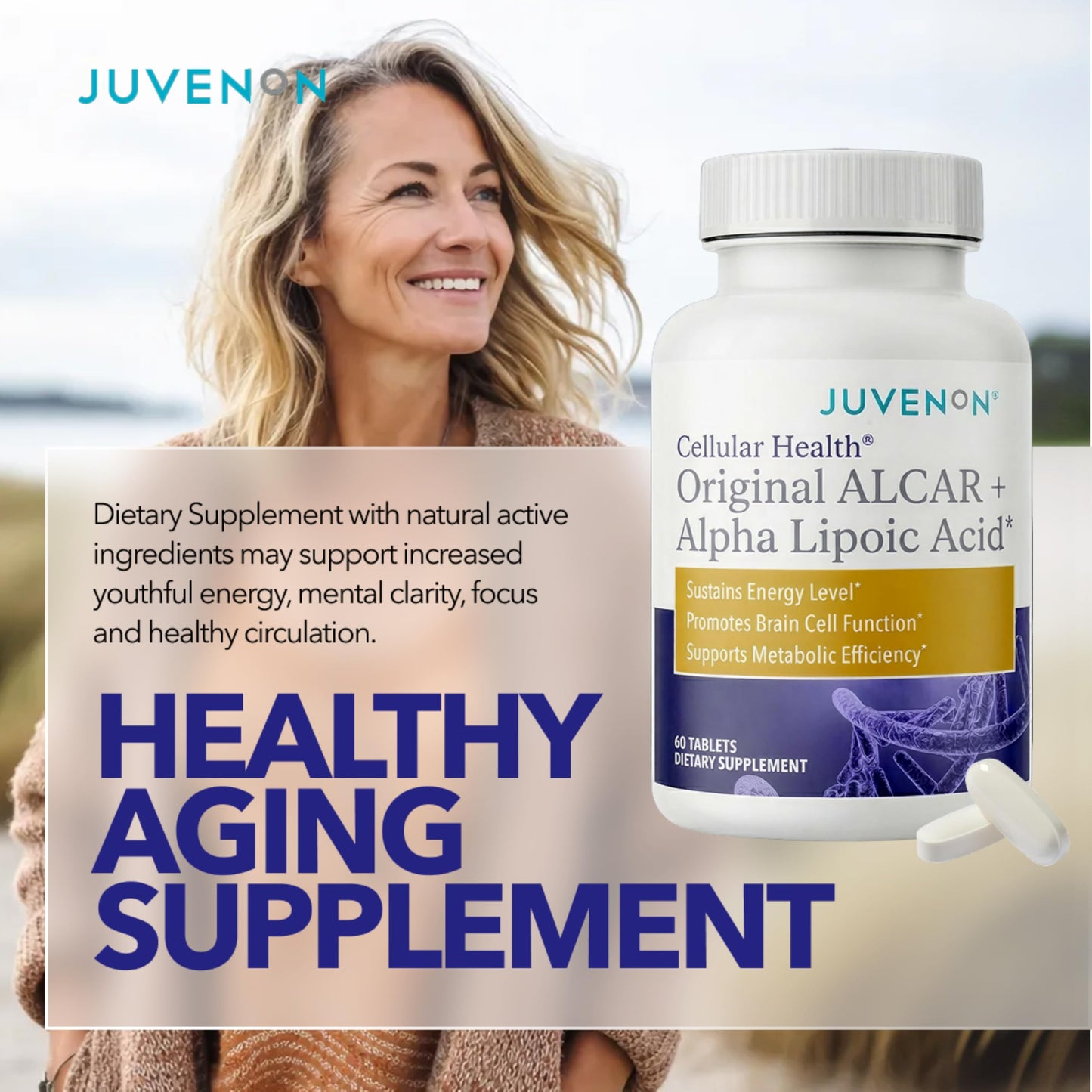 Juvenon Cellular Health Heart & Brain Supplement with Acetyl L-Carnitine and Biotin, 60 Tablets
