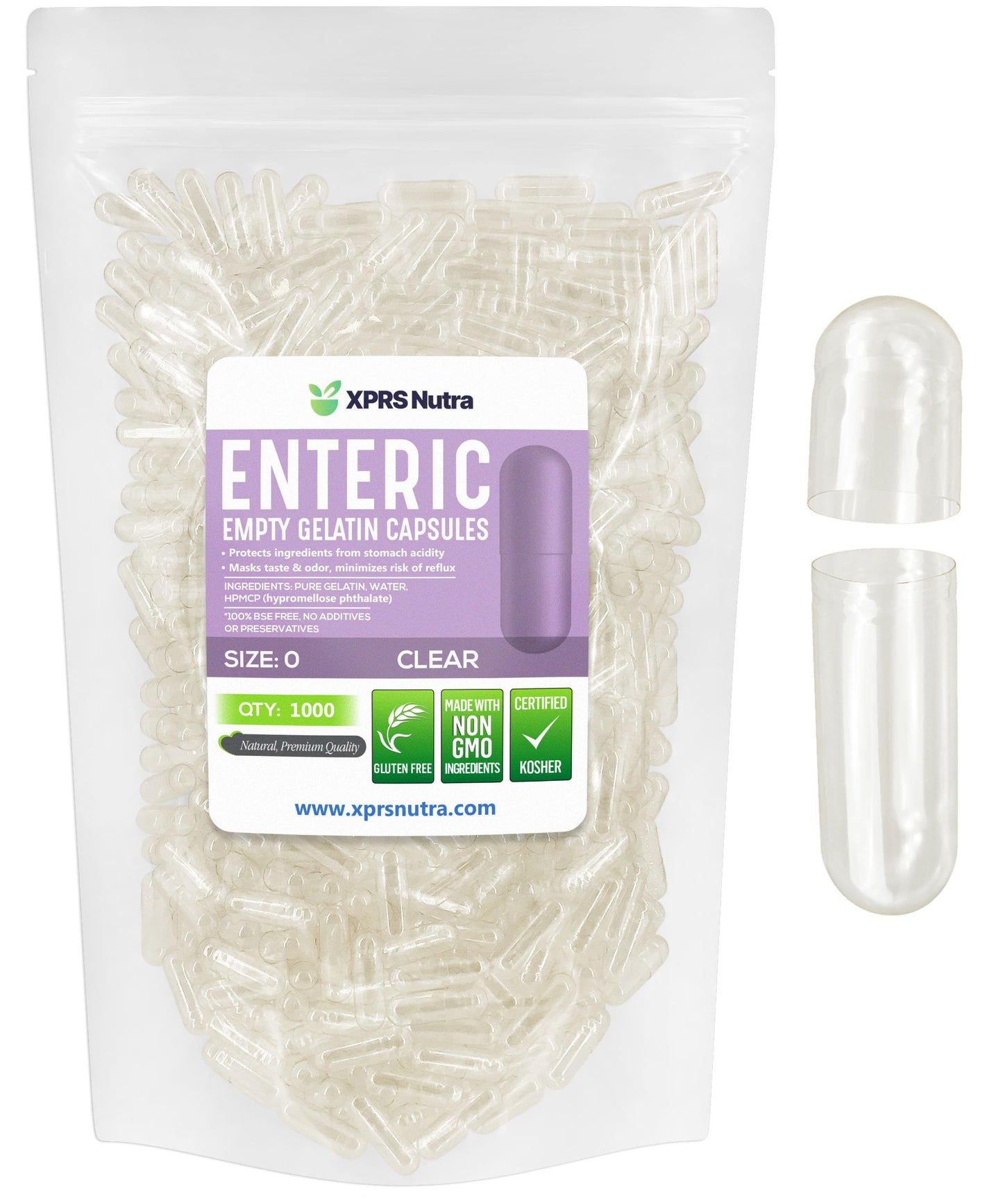 XPRS Nutra Size 0 Empty Enteric Coated Gelatin Capsule 1000 Count
