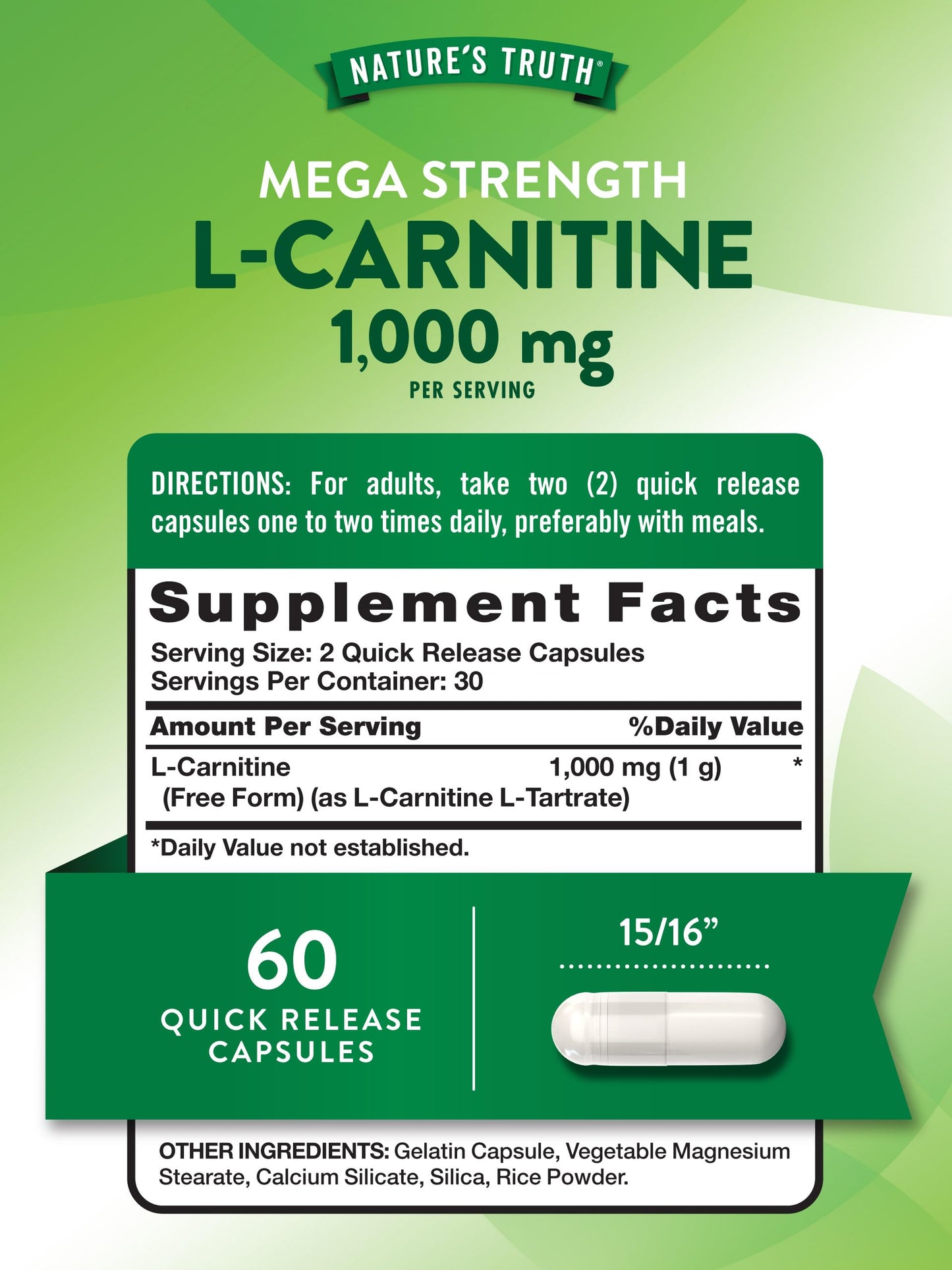 Nature's Truth L-Carnitine 1000mg Capsules, 60 Count
