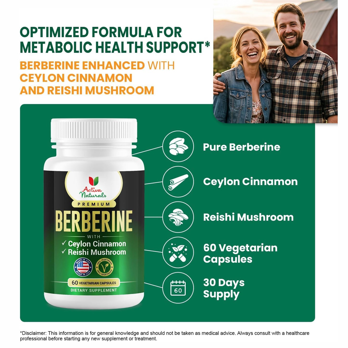 Activa Naturals Berberine with Ceylon Cinnamon & Reishi Mushroom Capsules, 90 Count