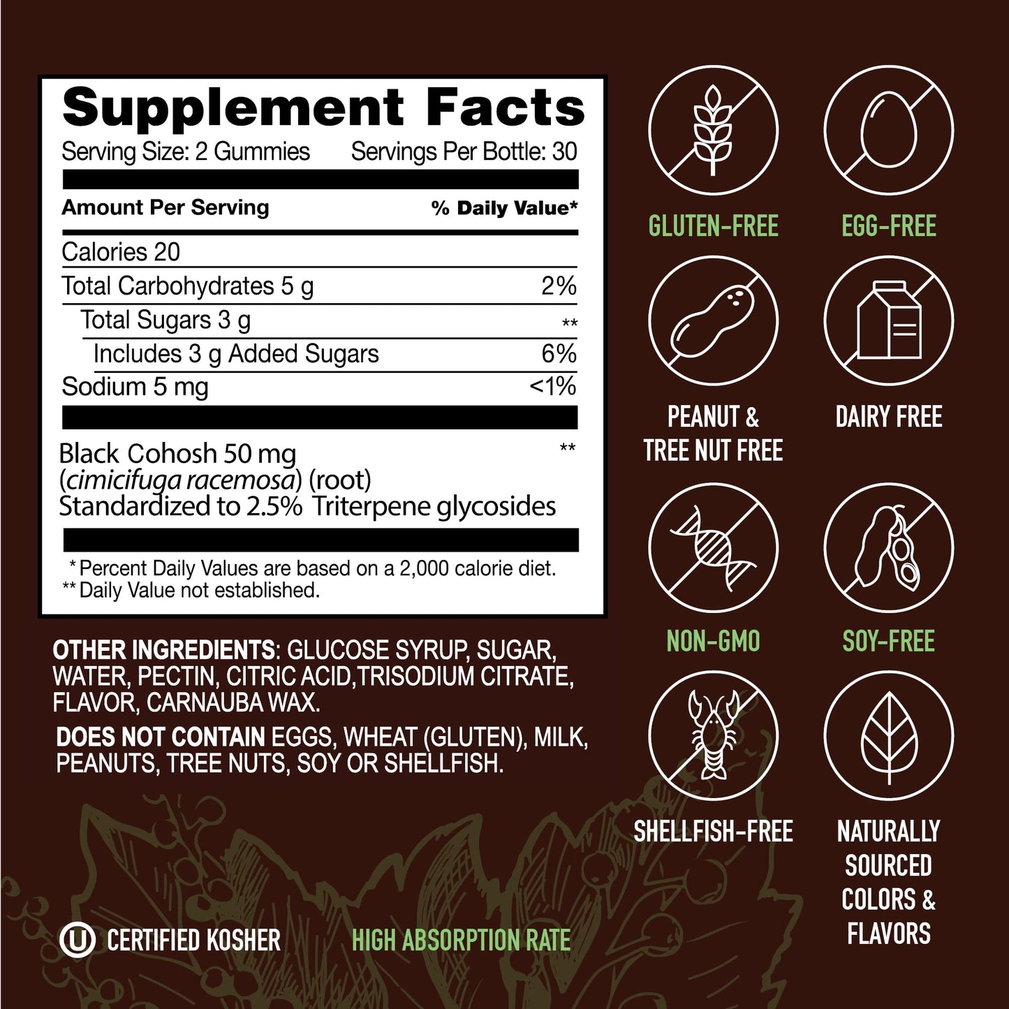 YUM-V'S Black Cohosh Gummies for Menopause Relief, 50mg Black Cohosh Root, Gluten-Free, Vegetarian, Non-GMO, Hormone Balance Support, Peach Flavor, 60 Gummies