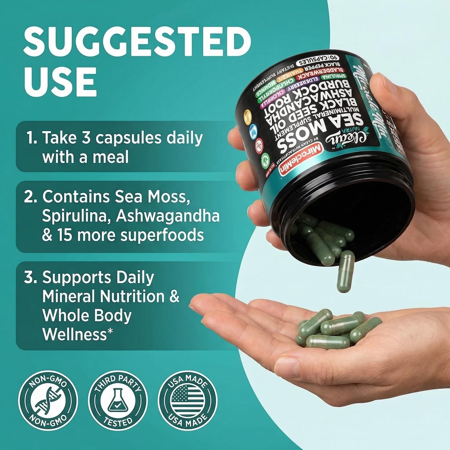 Clean Nutraceuticals Organic Sea Moss Capsules with Ashwagandha, Black Seed Oil, Burdock Root, Bladderwrack, Moringa, Chlorella, Spirulina, Turmeric, Elderberry, Amla, 90 Capsules