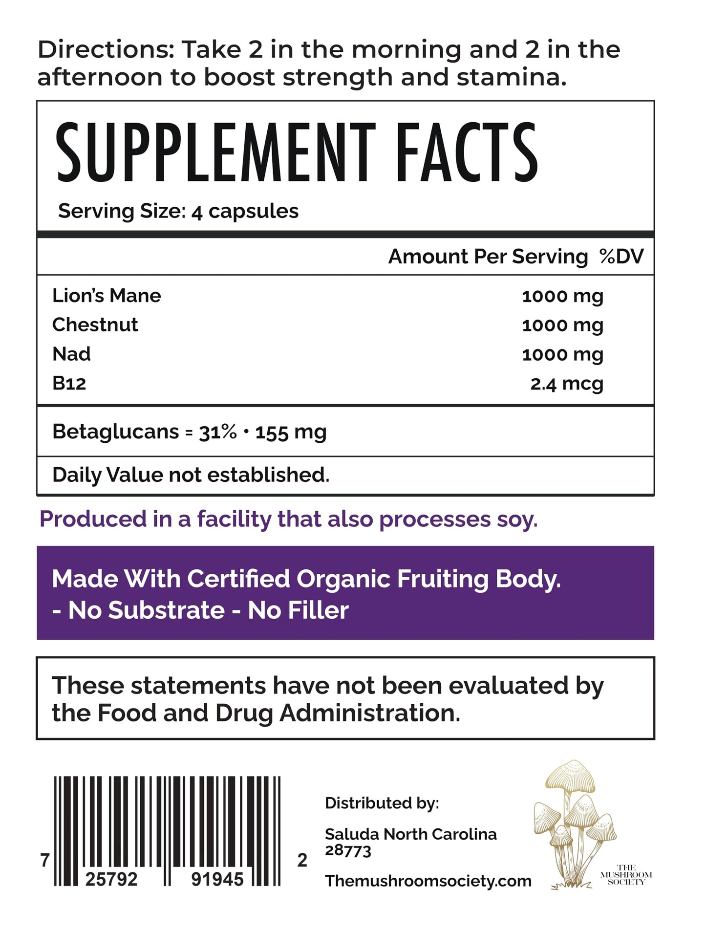 The Mushroom Society Everyday Youth Anti-Aging Brain & Cellular Energy Formula with Lion’s Mane, Chestnut, NAD, B12 + Beta-Glucans, 60 Vegan Capsules