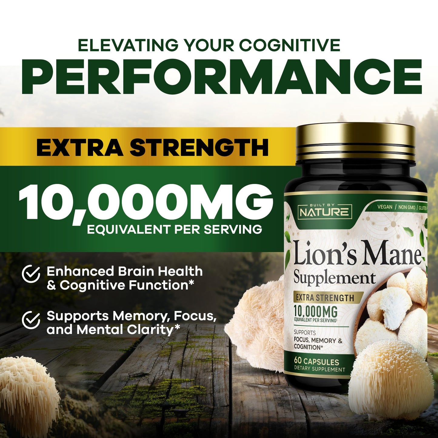 Built by Nature Lion’s Mane Extra Strength Mushroom Supplement for Nootropic Brain Support – Focus, Memory and Cognitive Function – Non-GMO, Gluten-Free, Vegan, 60 Capsules