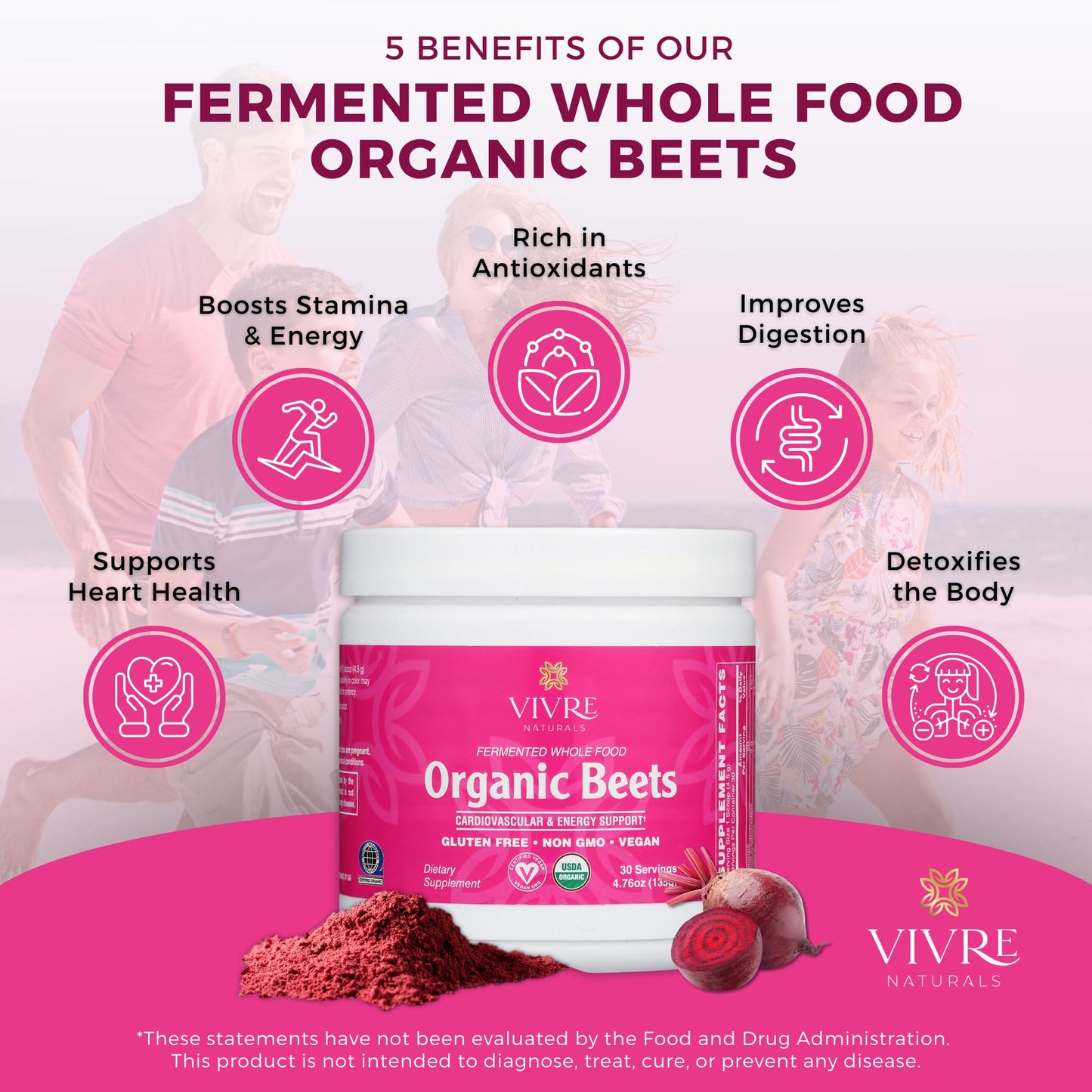 Vivre Naturals Fermented Whole Food Organic Beet Powder, 30 Servings