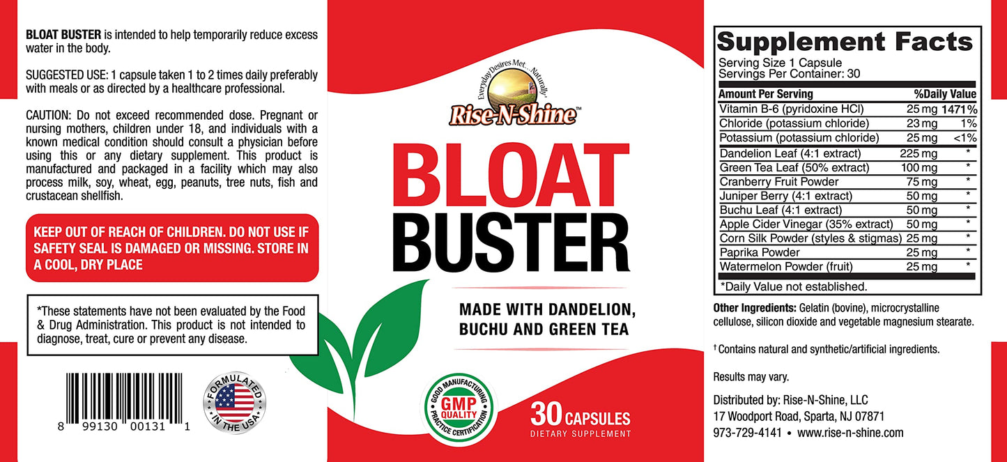 Rise-N-Shine Bloat Buster Water Pills with Dandelion, Green Tea, Apple Cider Vinegar and More to Help Water Retention and Bloating 30 Capsules