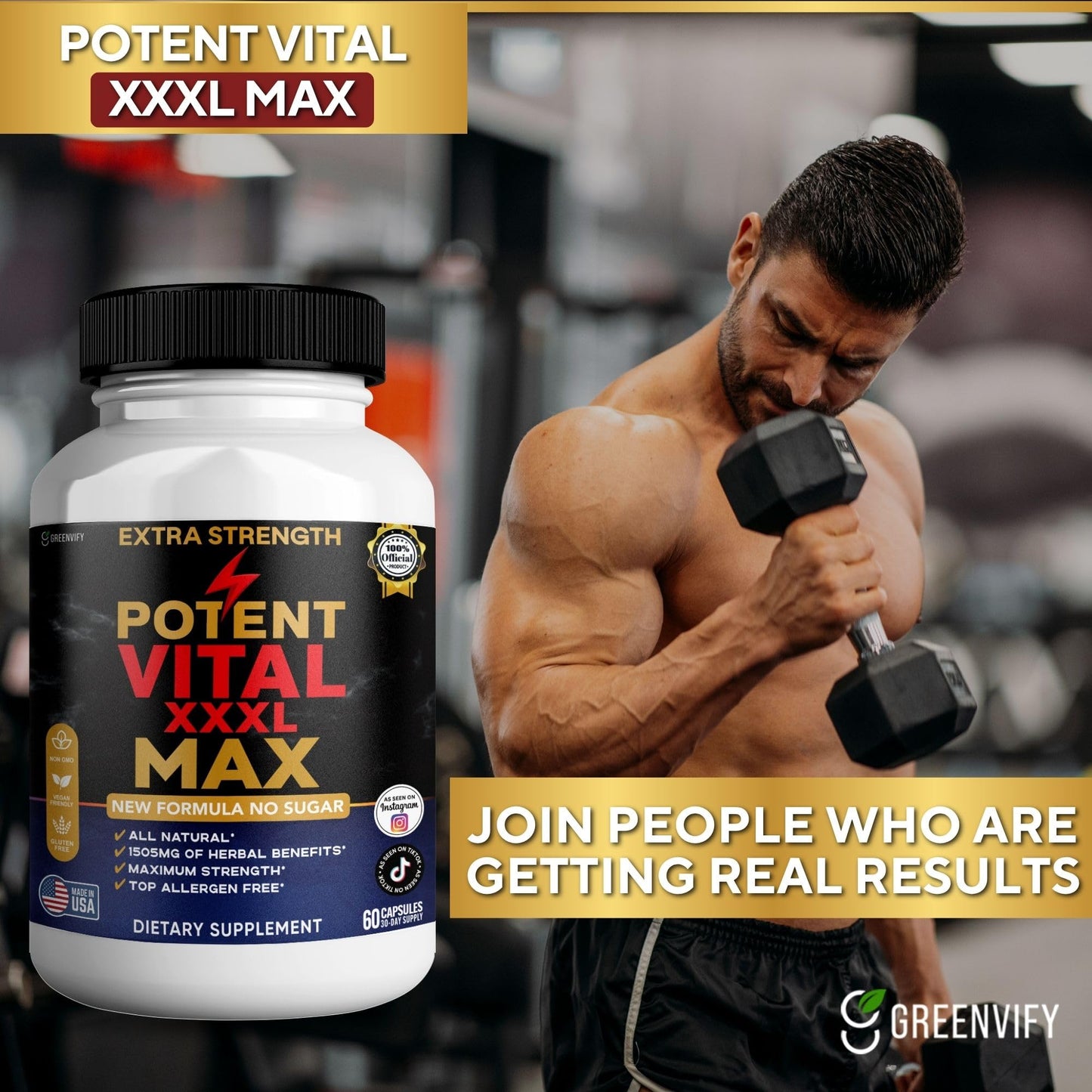 GREENVIFY Potent Vital XXXL Max Dietary Supplement Organic Maca Root Capsules, 60 Count