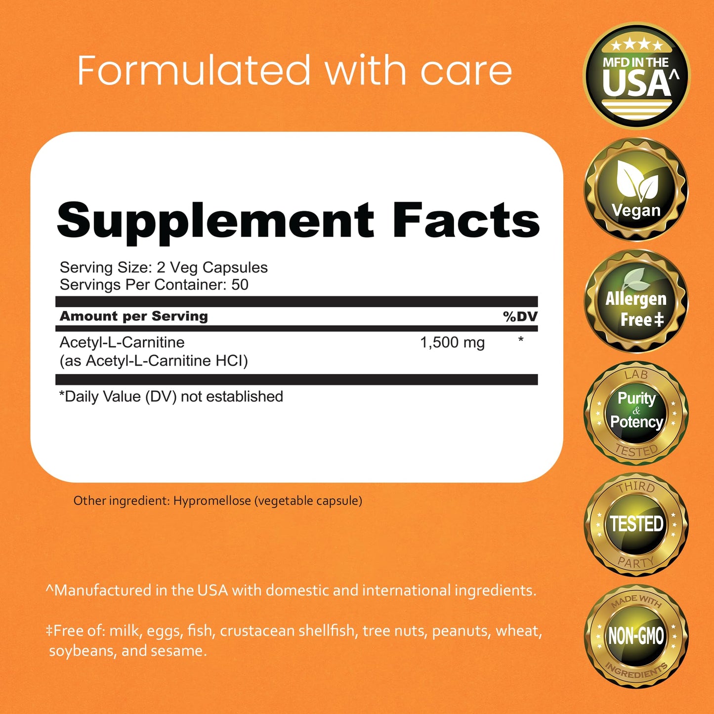 NaturaLife Labs Acetyl L-Carnitine (ALCAR) 1500 mg per Serving Capsule, 100 Capsules