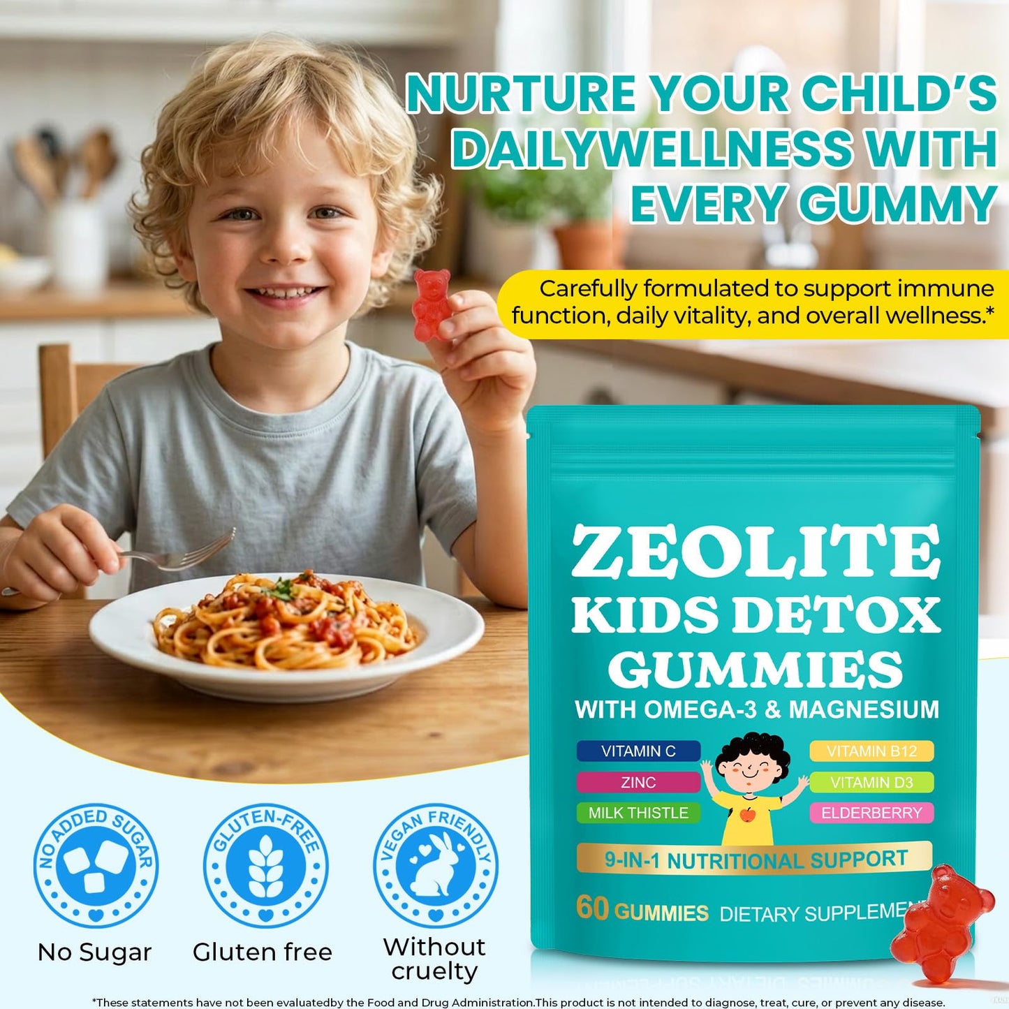 DLOMFVFQ Zeolite Kids Gummies Detox with Zeolite, Omega-3, Vitamin C, Vitamin D3, Zinc, B12 for Energy, Focus, Digestive & Immune Support, Sugar Free, 60 Gummies