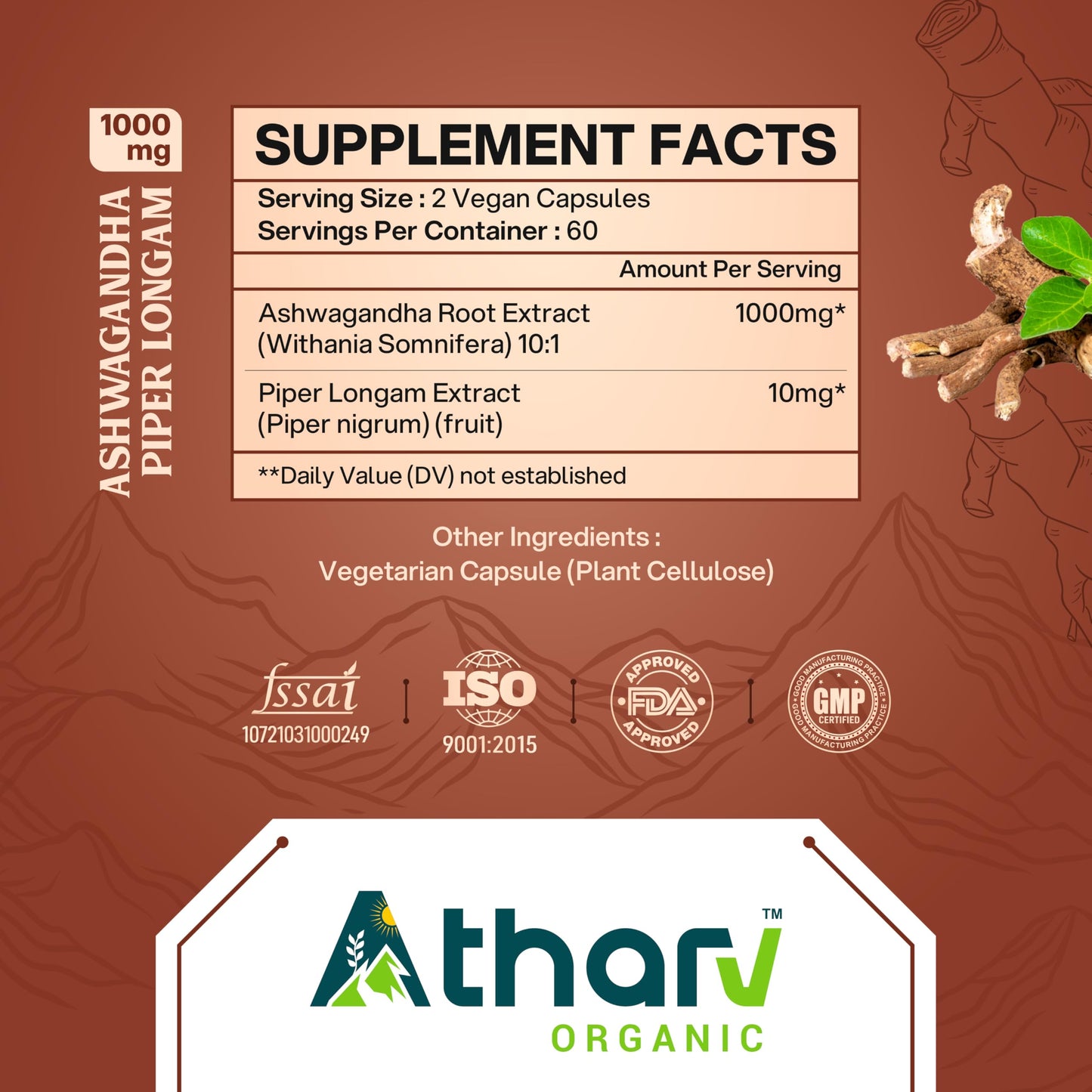 ATHARV ORGANIC Ashwagandha Supplement 1000 mg Veggie Capsules, 120 Capsules