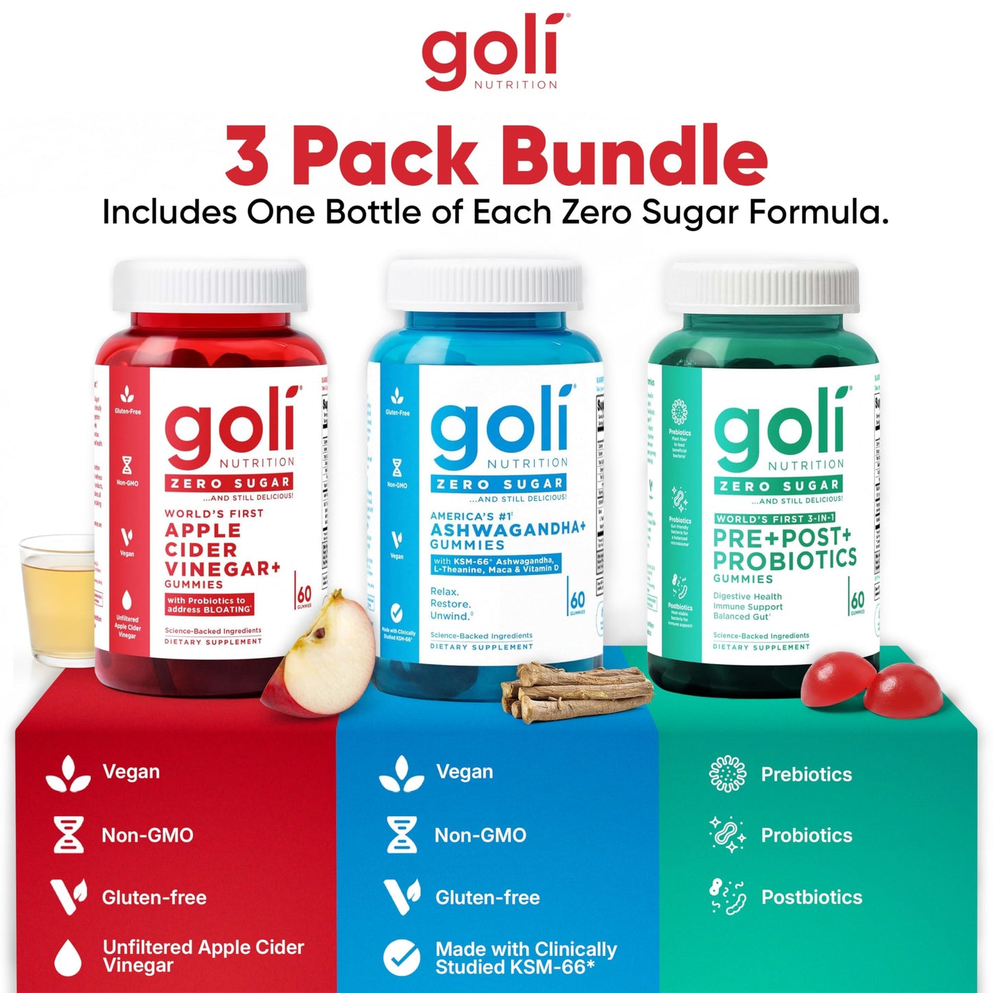 Goli Zero Sugar Trio Probiotic Gummies 180 Count
