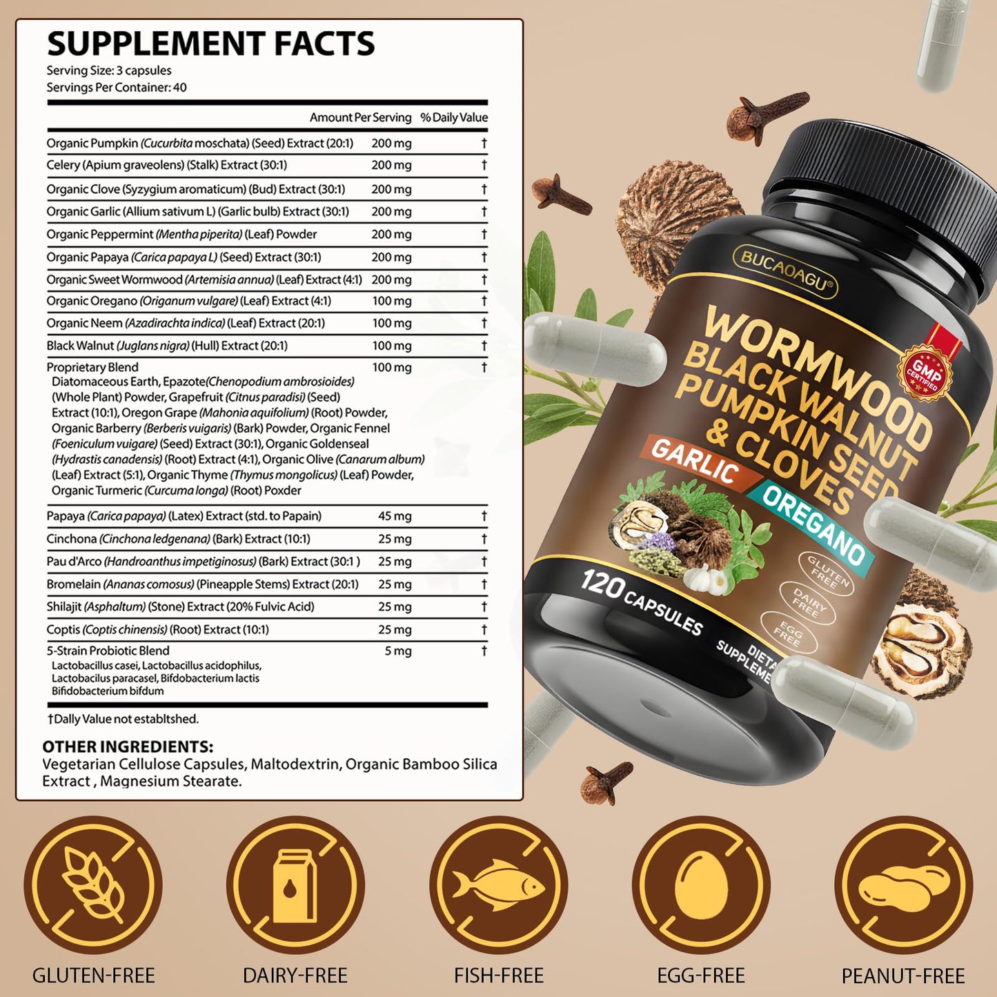 BUCAOAGU Black Walnut Wormwood Clove Cleanse for Humans Gut Cleanse & Digestive Health with Pumpkin Seed Garlic Celery Neem Papaya Diatomaceous Earth Probiotic Supplement Vegan Capsules 120
