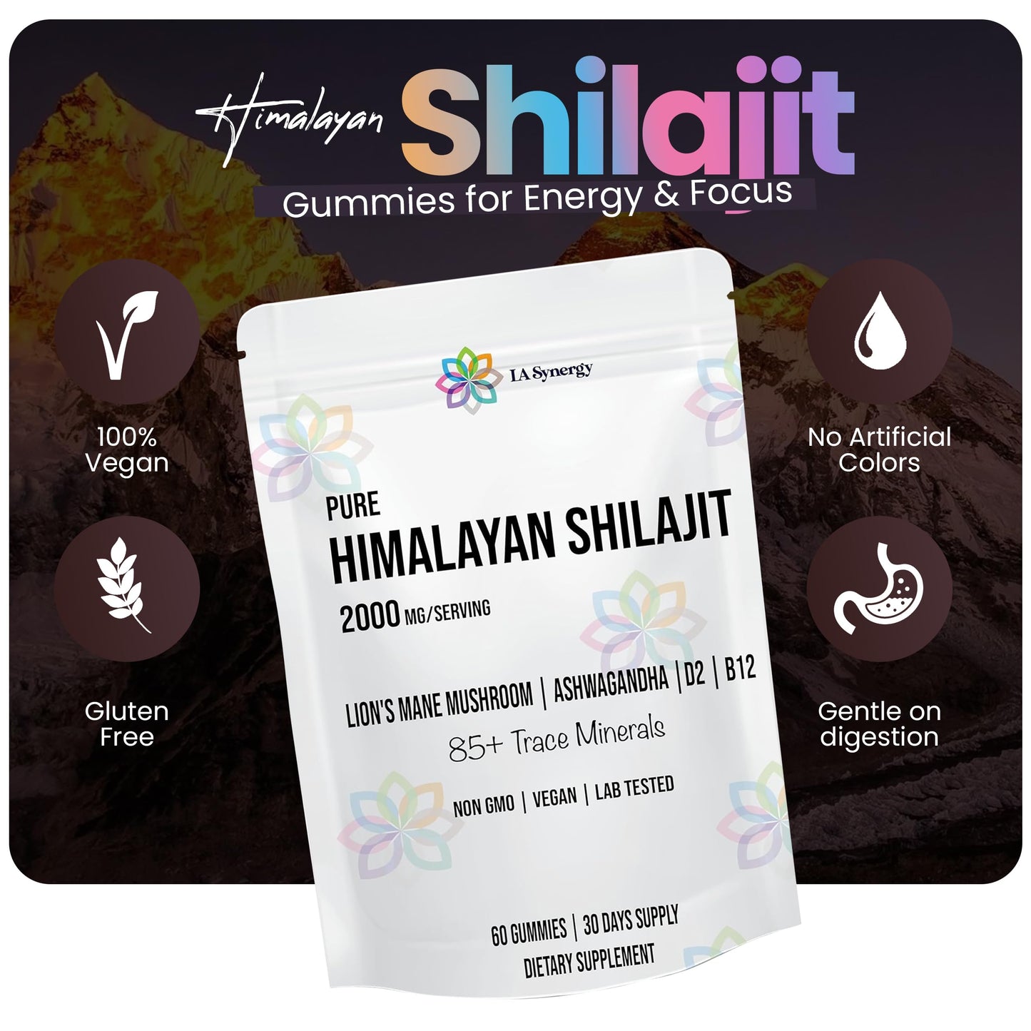 LA Synergy Himalayan Shilajit Gummies with Lion's Mane Mushroom, Ashwagandha, Vitamin D2 & B12, 60 Gummies