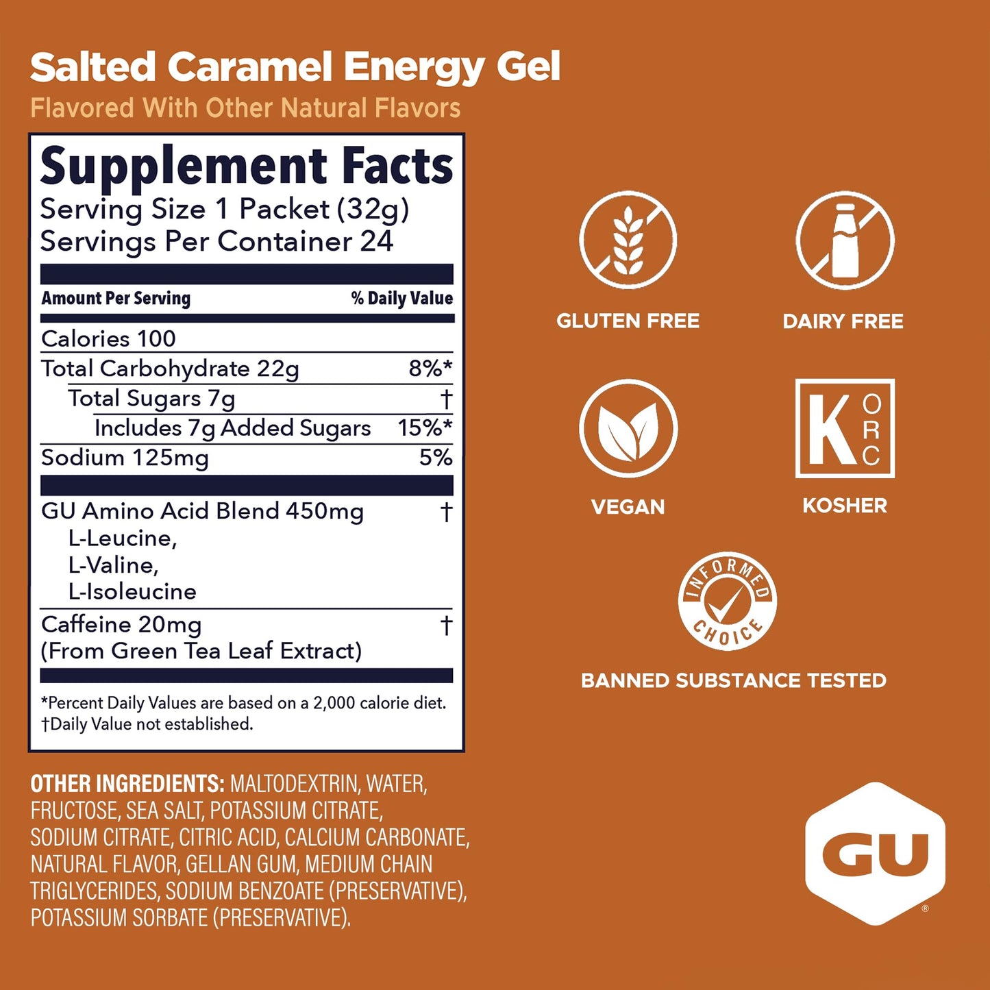 GU Energy Original Sports Nutrition Energy Gel, Salted Caramel, 24 Count