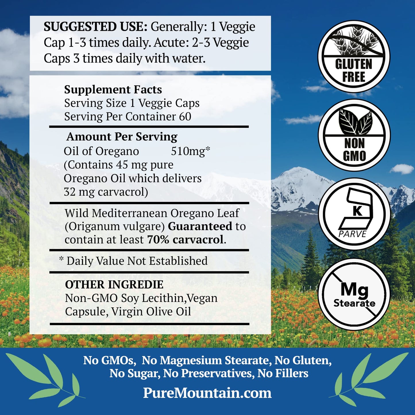 Pure Mountain Botanicals Oregano Oil Capsules, 60 Count, 510mg Oil of Oregano, Carvacrol 70%, Kosher