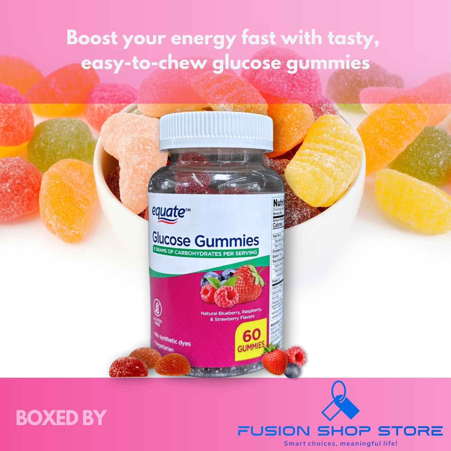 FUSION SHOP STORE Glucose Gummies- Blueberry Raspberry and Strawberry Flavor, 60 Gummies