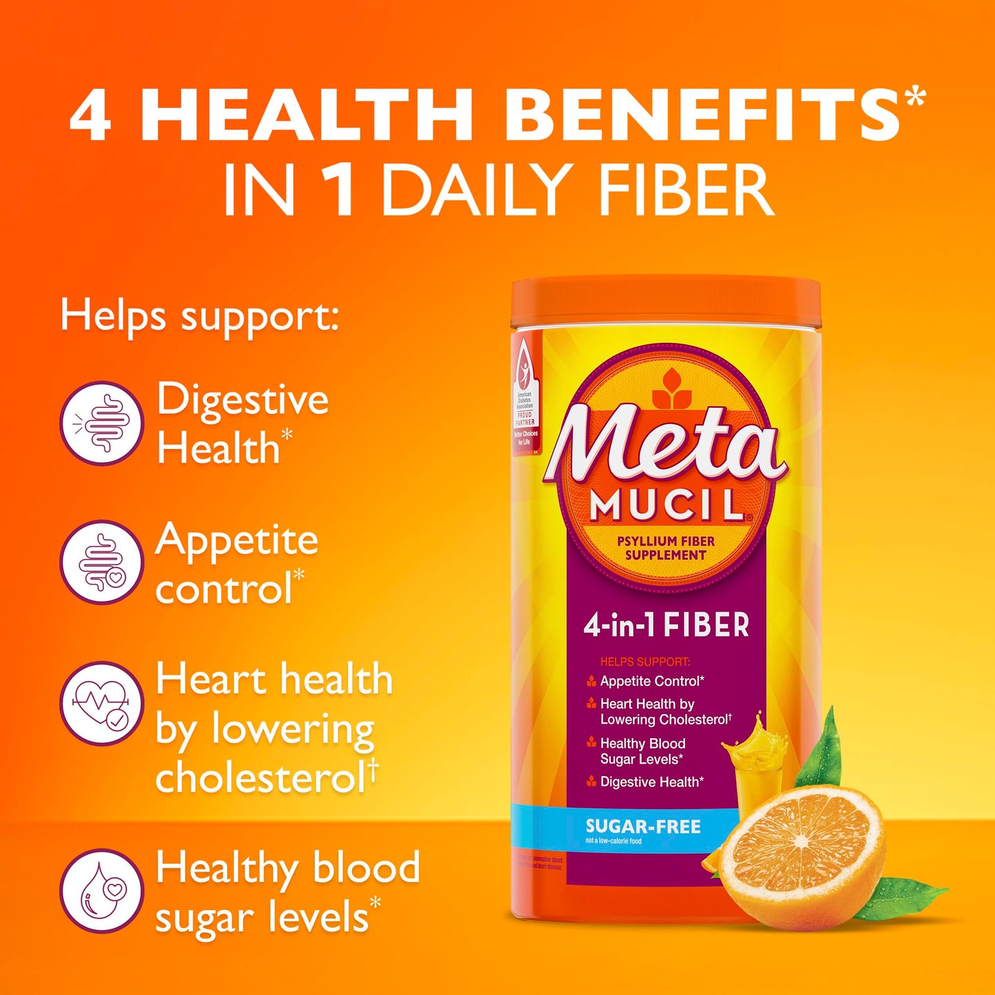 Metamucil 4-in-1 Psyllium Husk GLP-1 Friendly Fiber Supplement Orange Flavored Powder, 36.8 oz