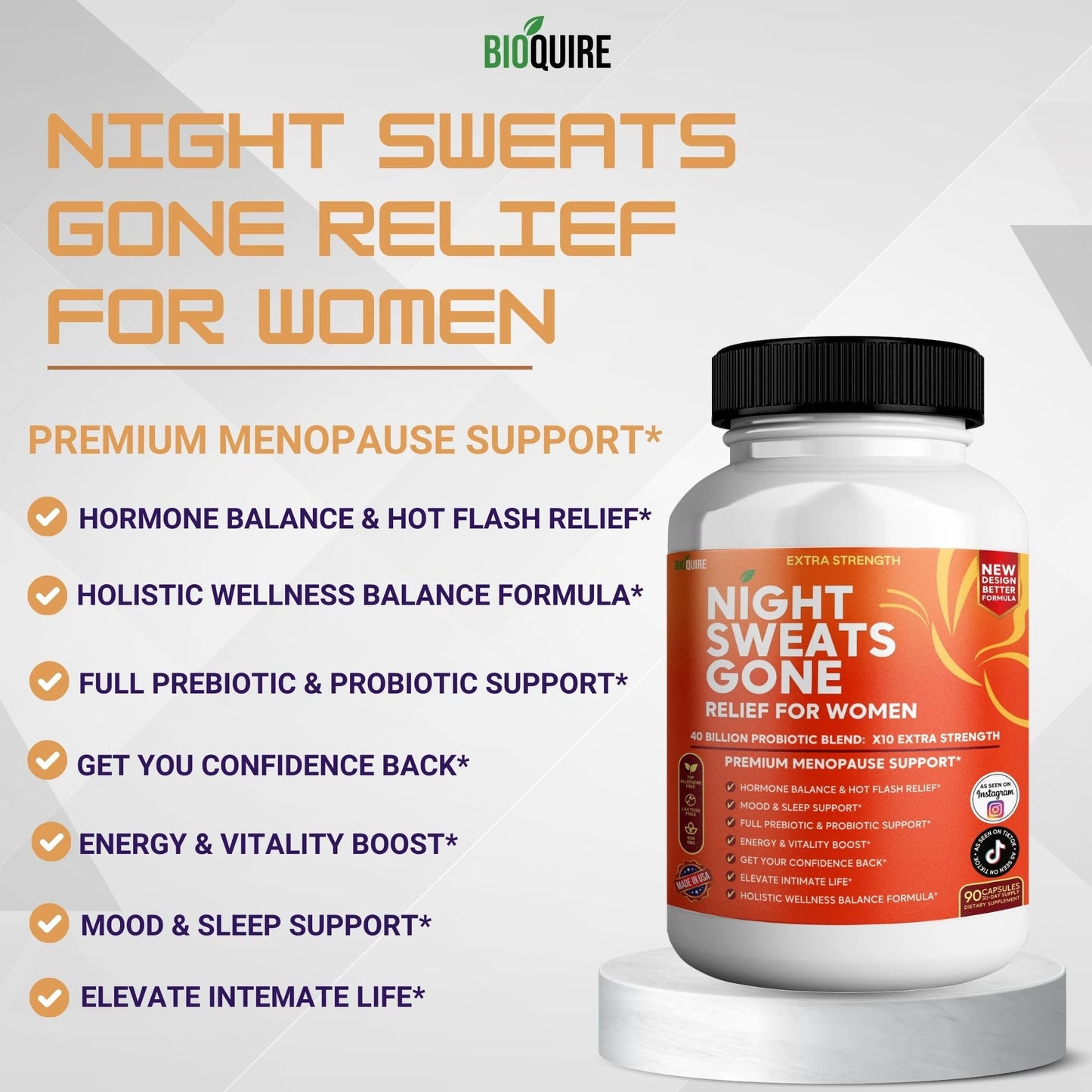BIOQUIRE Night Sweats Gone - Menopause Relief for Women, 90 Capsules