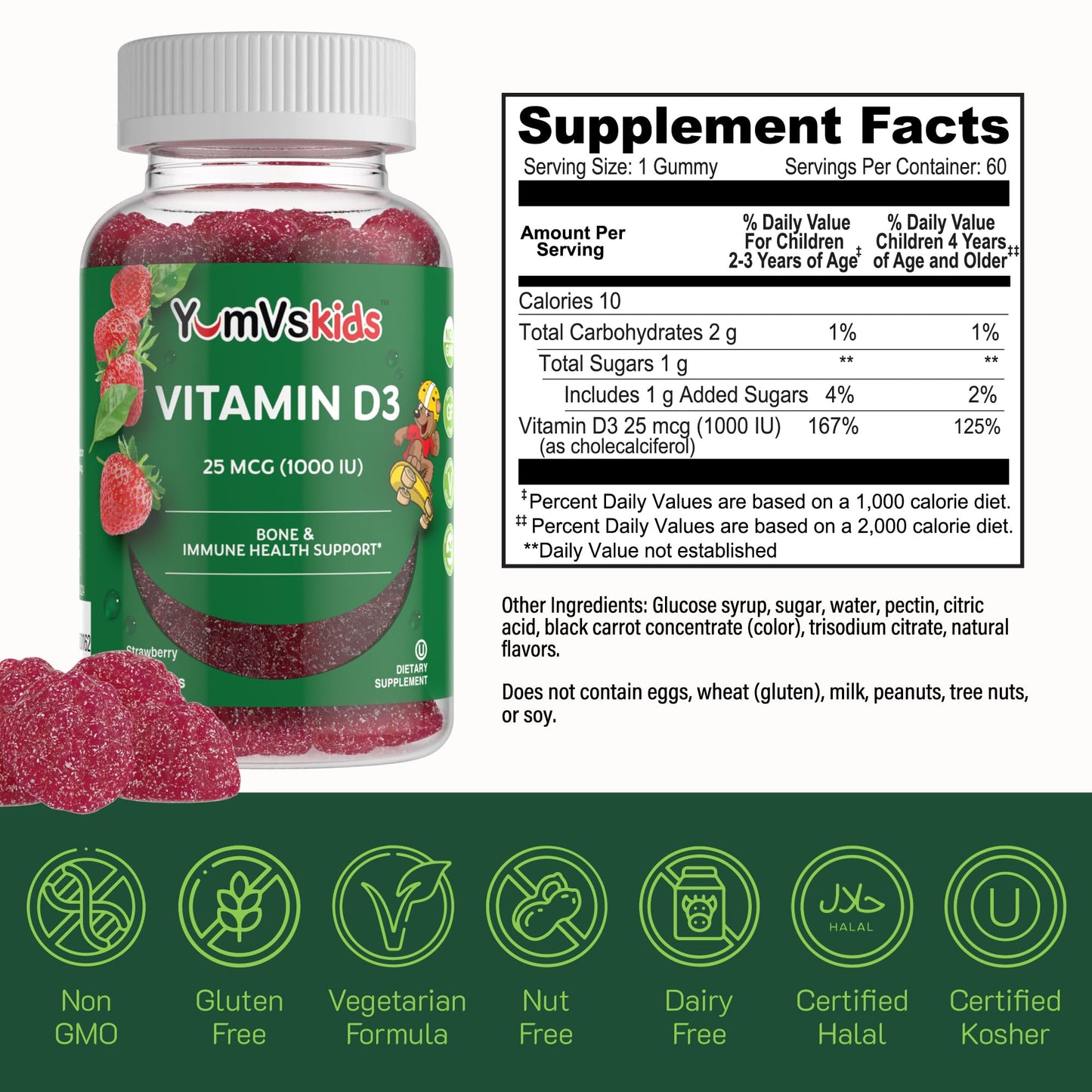 YUM-V'S Vitamin D Gummies for Kids Vitamin D3 1000 IU Chewable 60 Count