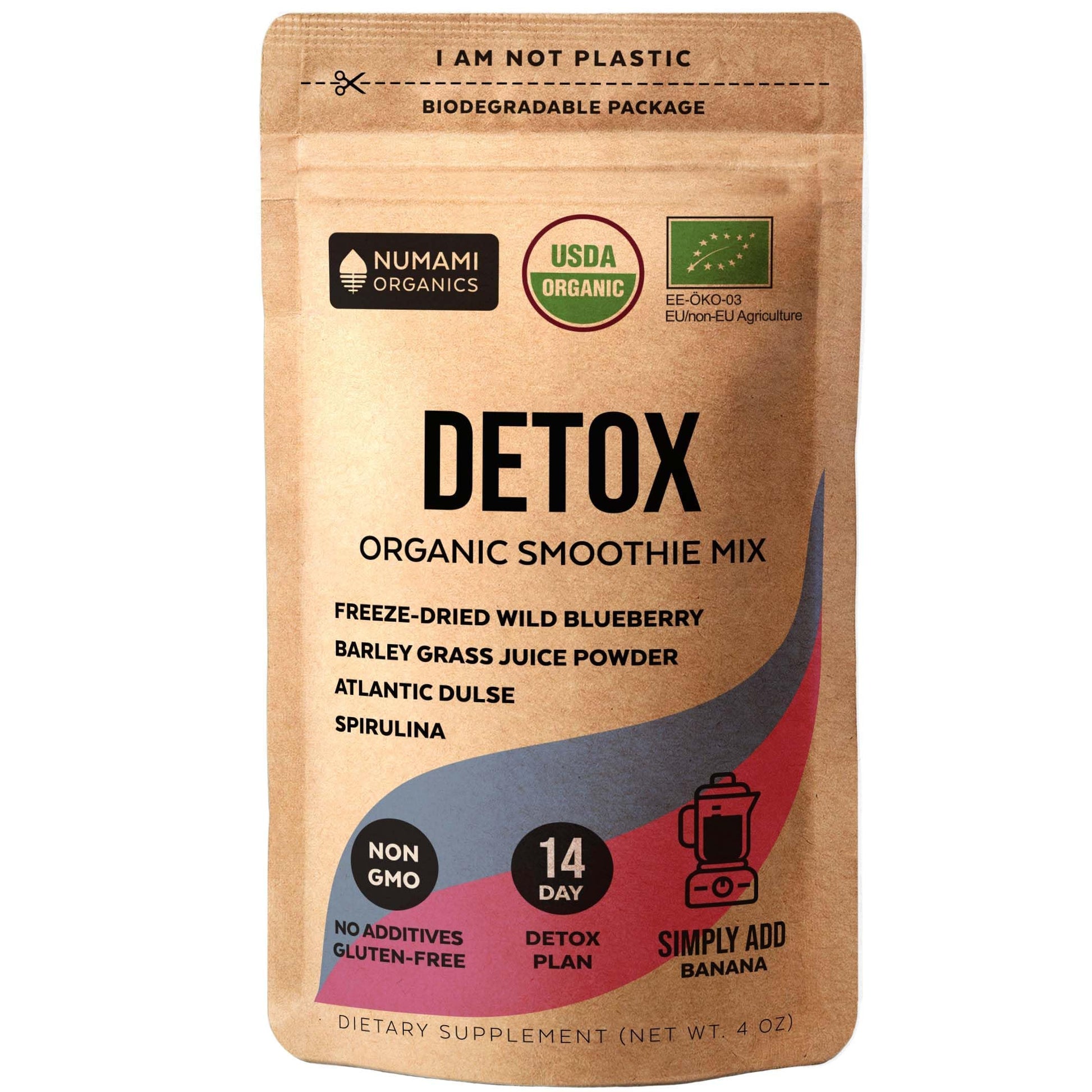 Numami Organic Detox Blueberry Smoothie Powder with Spirulina, Atlantic Dulse and Barley Grass Juice Powder, 4 Ounce