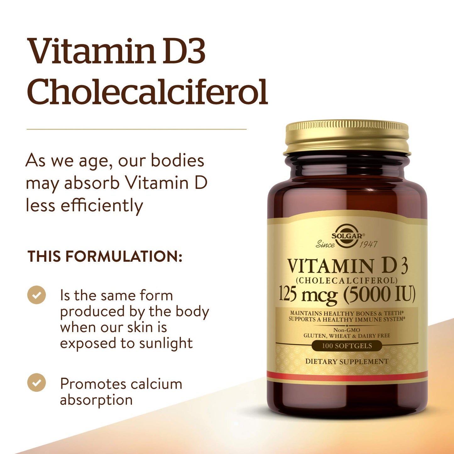 Solgar Vitamin D3 (Cholecalciferol) 125 mcg (5000 IU) Softgels 100