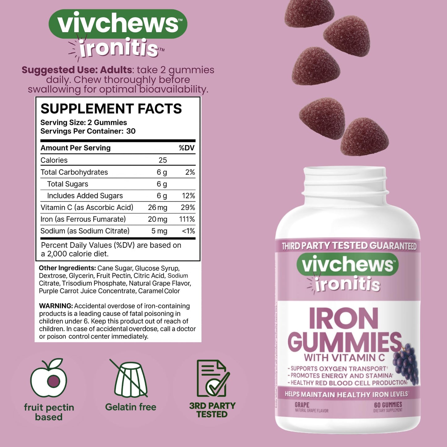 Vivchews Iron Gummies with Vitamin C 20 mg Iron (Ferrous Fumarate), 60 Count
